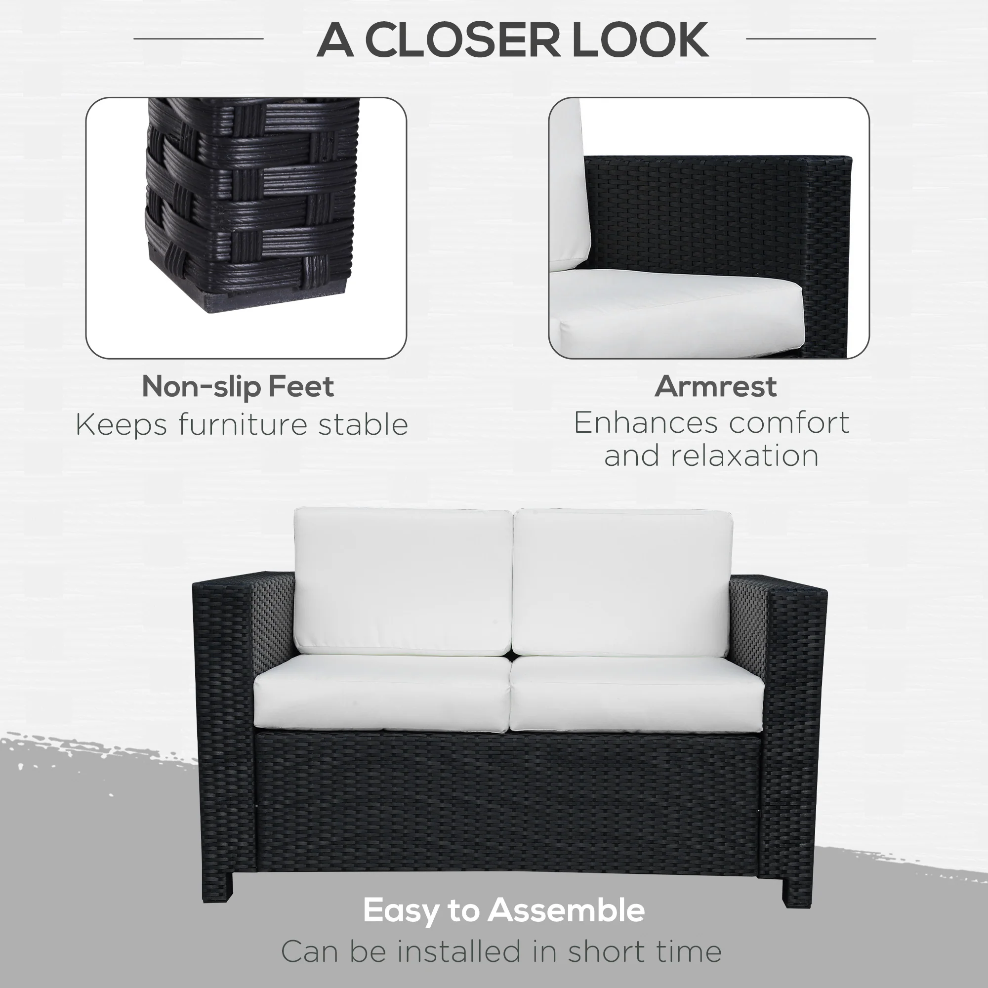 Outsunny Rattan Wicker 2-seat Sofa Loveseat Padded Garden Furniture Black - Image 6
