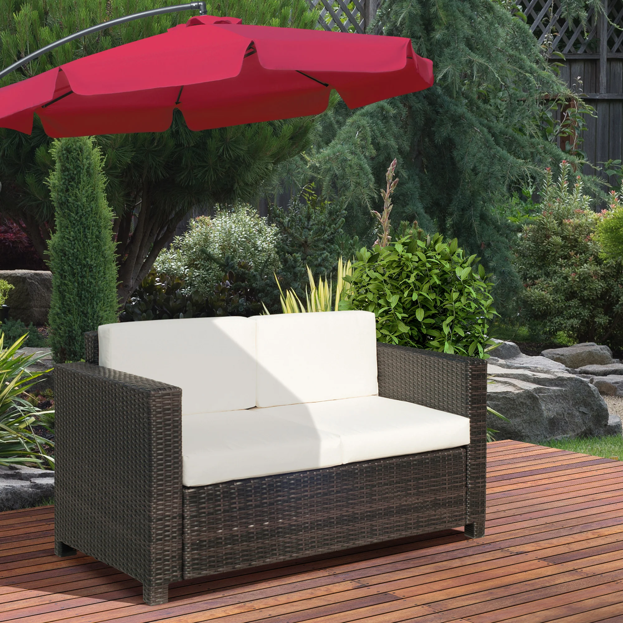 Outsunny Rattan Wicker 2-seat Sofa Loveseat Padded Garden Furniture Brown - Image 11