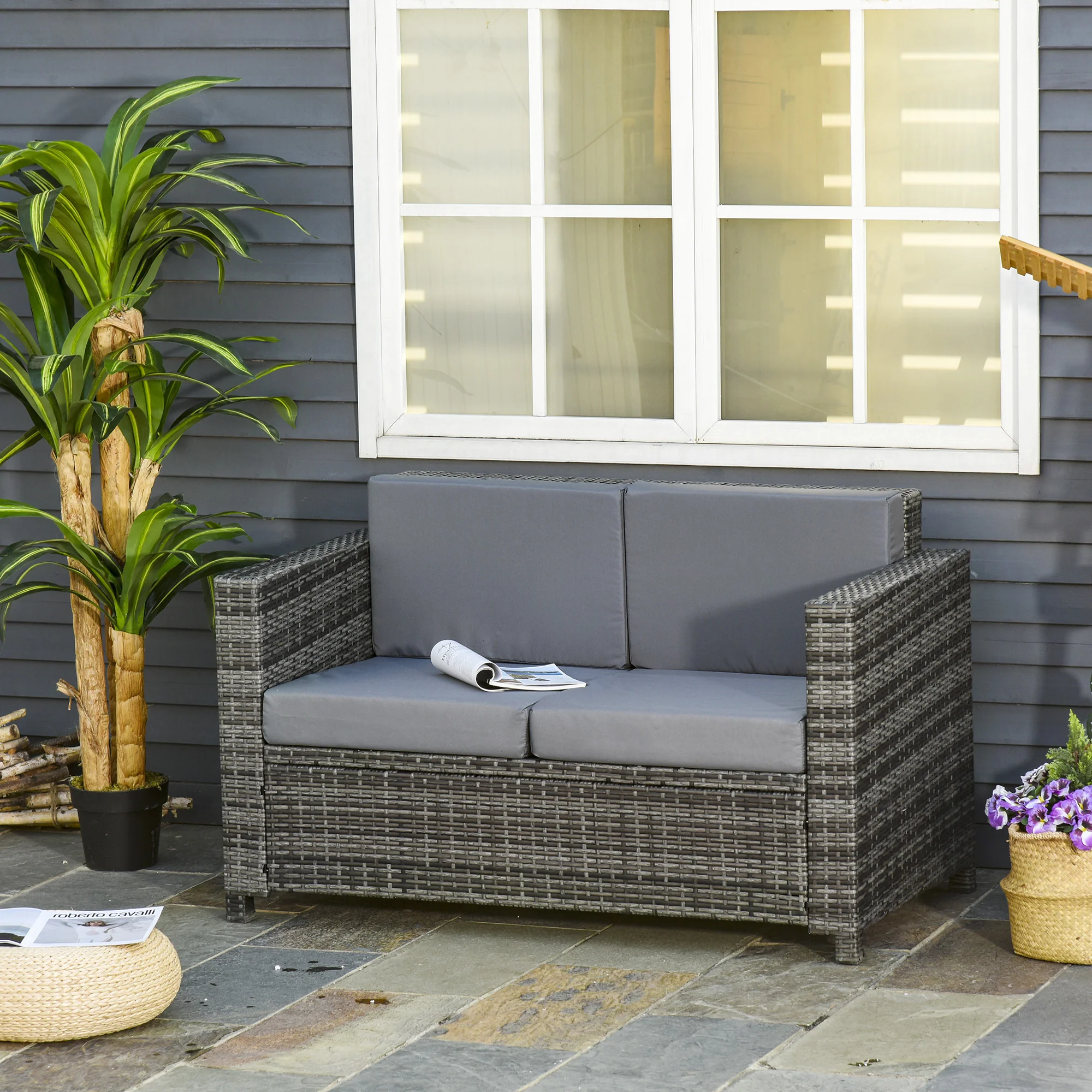 Outsunny Rattan Wicker 2-seat Sofa Loveseat Padded Garden Furniture Brown - Image 2