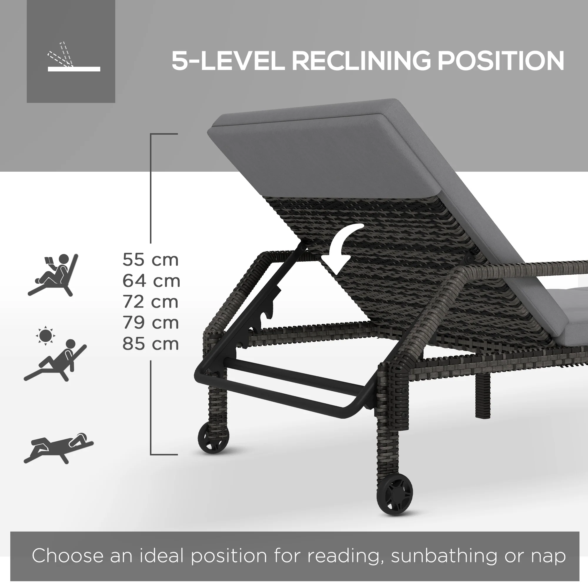 Outsunny Rattan Wicker Chaise Sun Lounger Garden w/ Adjustable Backrest & Wheels - Image 3