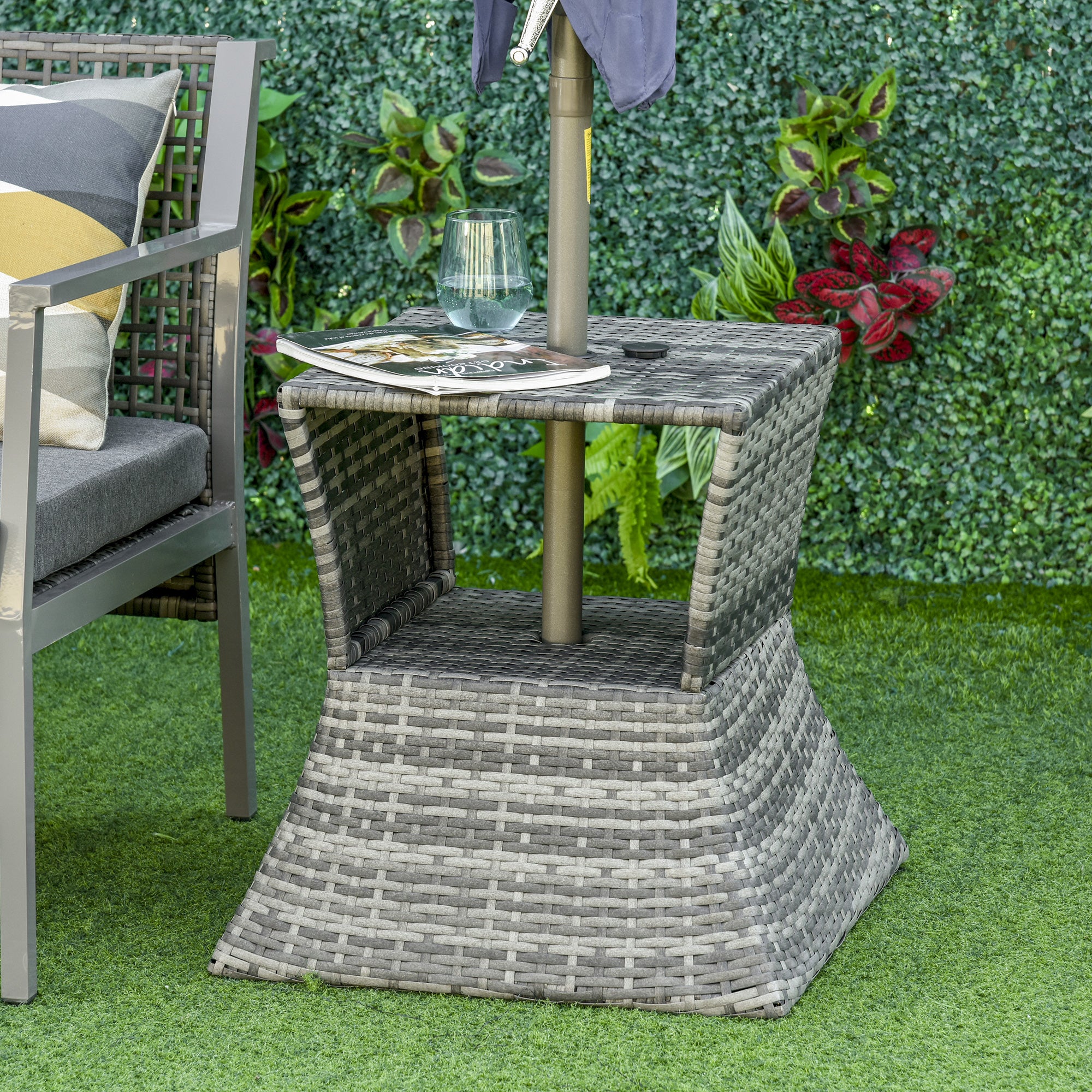 Outsunny Rattan Wicker Tea Coffee Table W/ Umbrella Hole And Storage Space Grey - Image 2