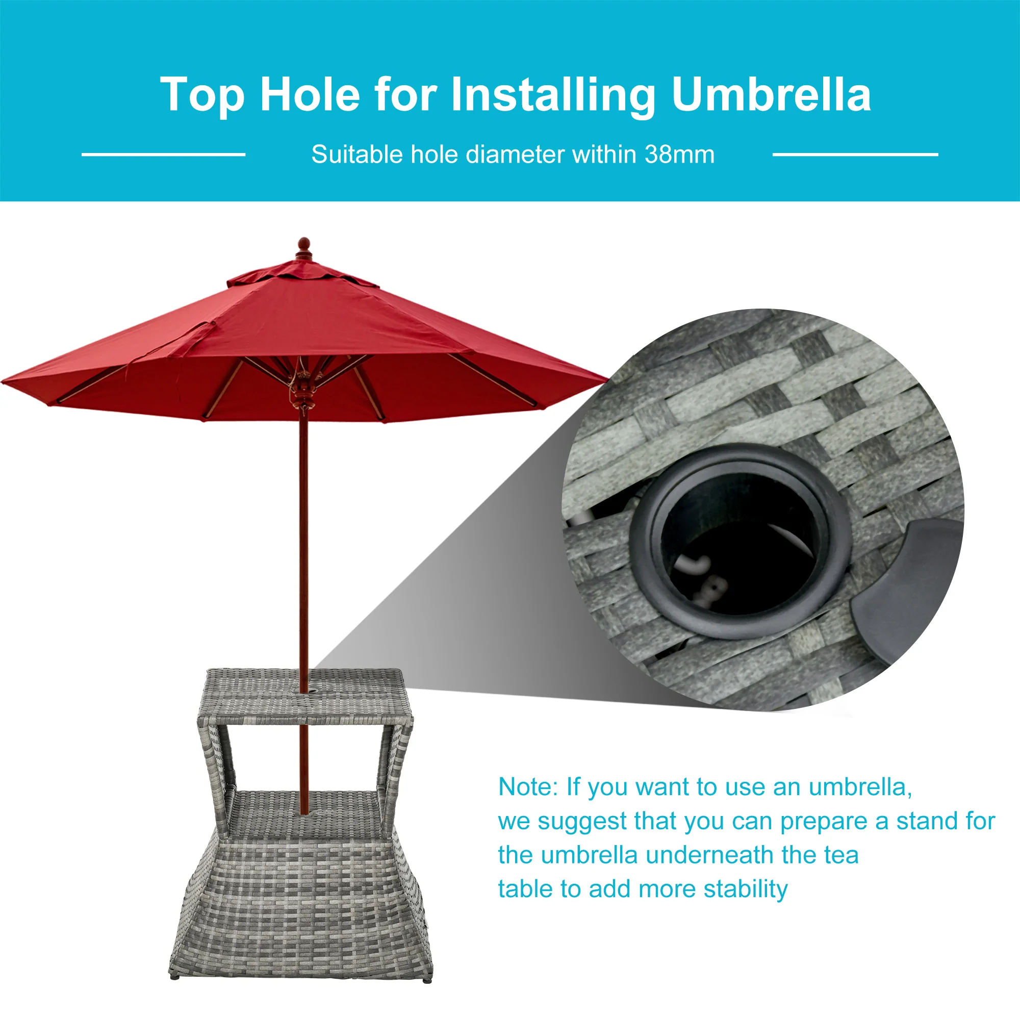 Outsunny Rattan Wicker Tea Coffee Table W/ Umbrella Hole And Storage Space Grey - Image 4