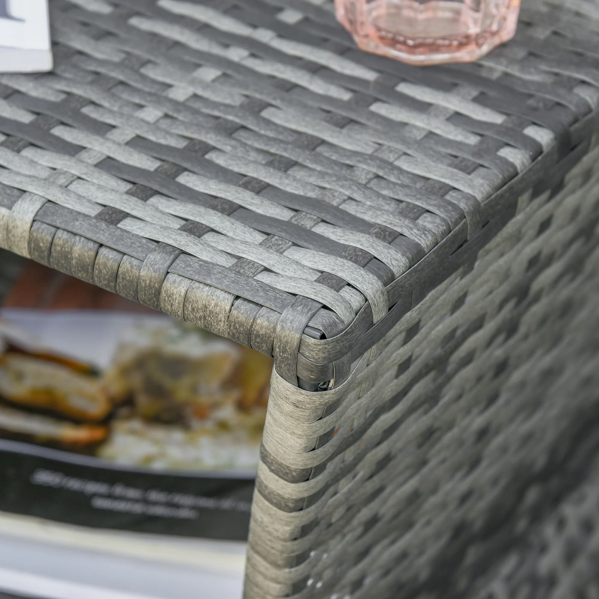 Outsunny Rattan Wicker Tea Coffee Table W/ Umbrella Hole And Storage Space Grey - Image 9