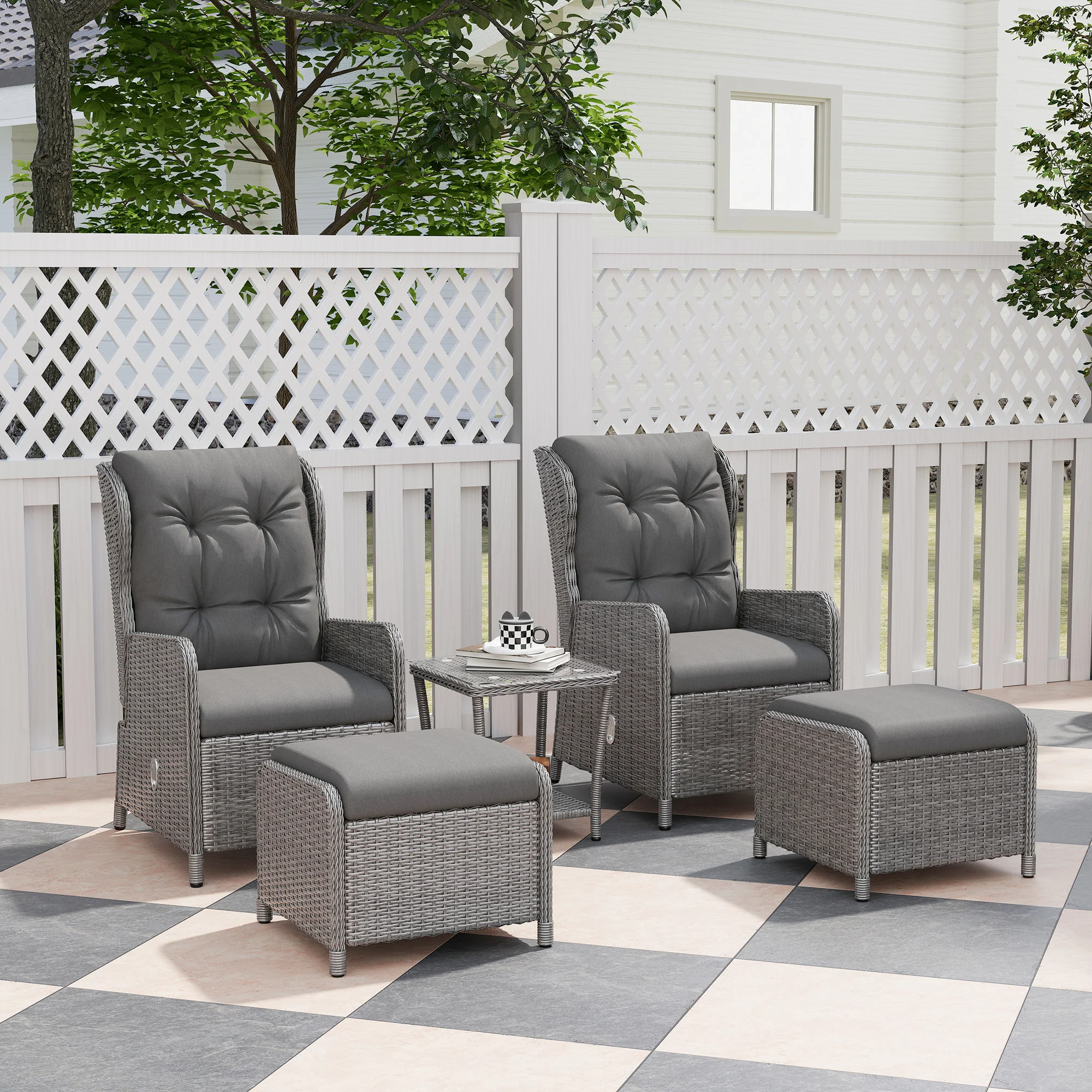 Outsunny Recliner Rattan Garden Furniture w/ Two-tier Table, Light Grey - Image 2