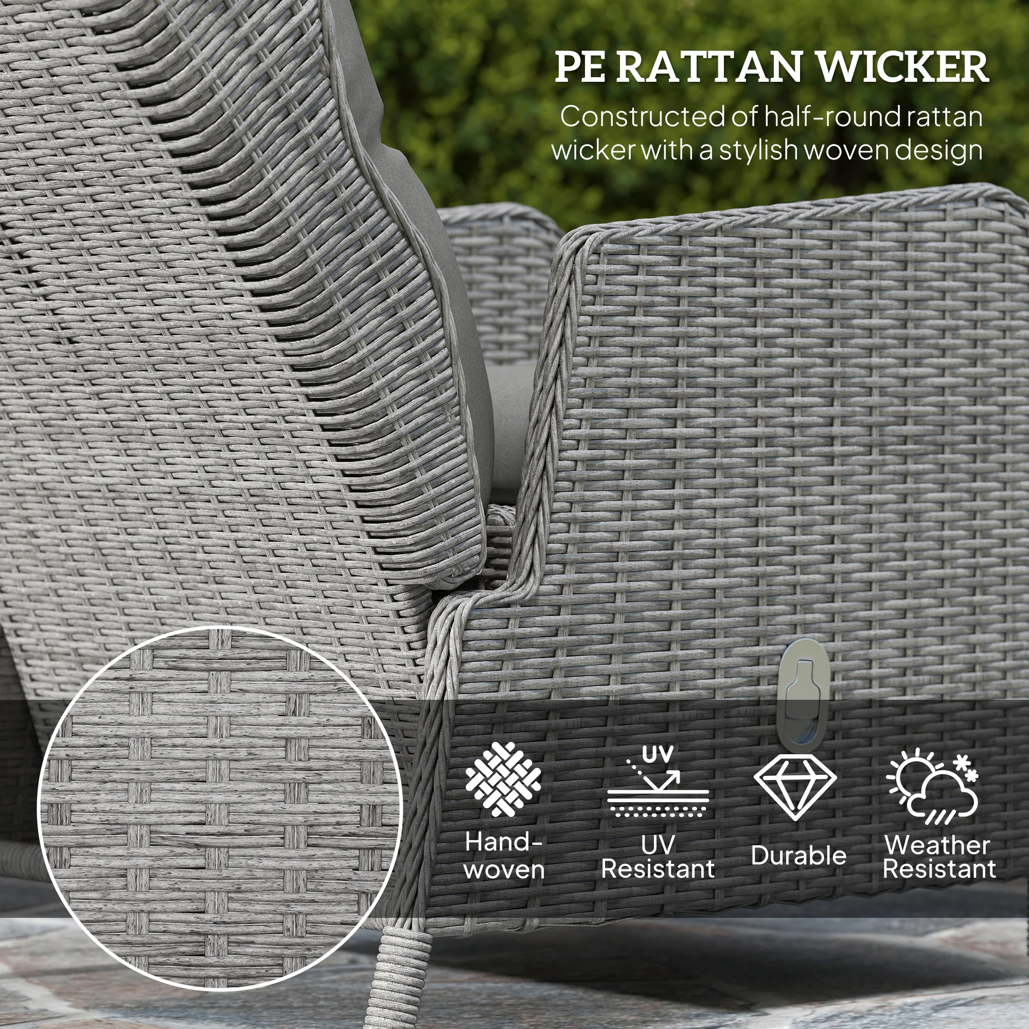 Outsunny Recliner Rattan Garden Furniture w/ Two-tier Table, Light Grey - Image 3