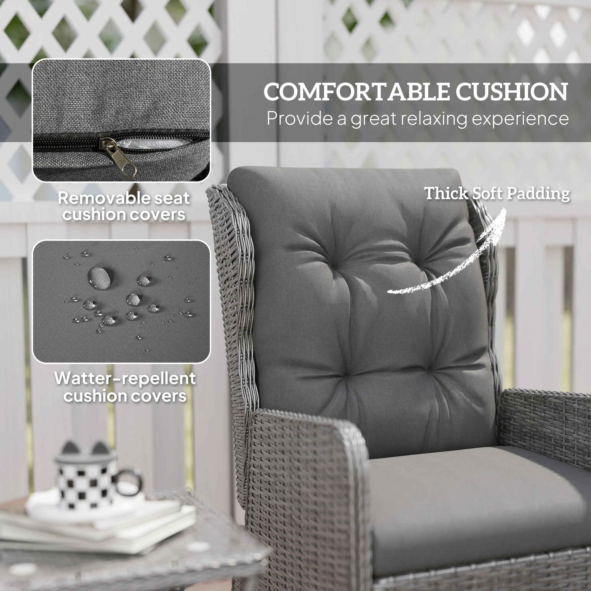 Outsunny Recliner Rattan Garden Furniture w/ Two-tier Table, Light Grey - Image 4