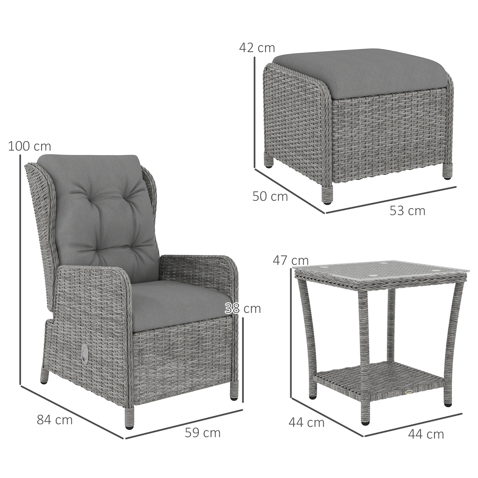 Outsunny Recliner Rattan Garden Furniture w/ Two-tier Table, Light Grey - Image 5