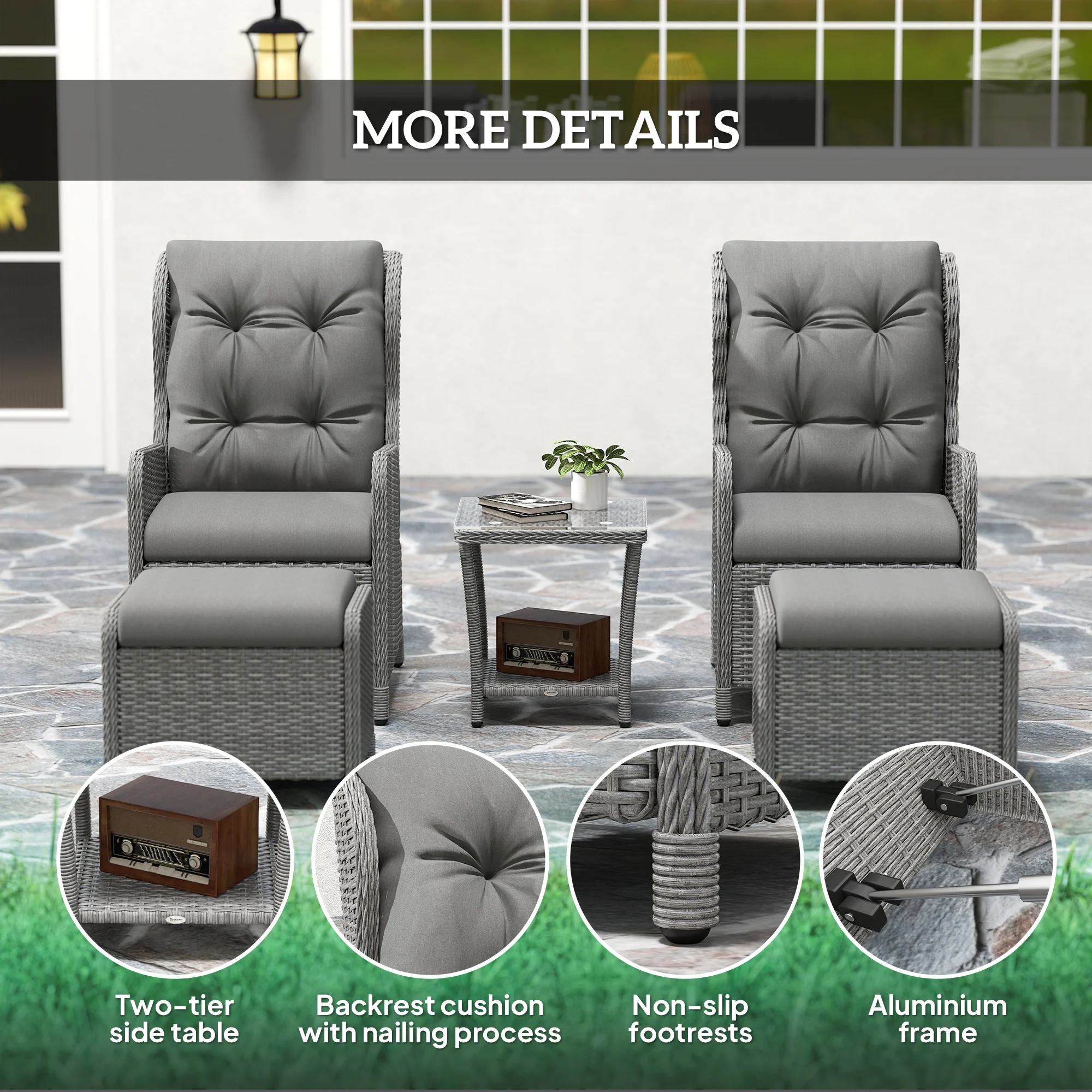 Outsunny Recliner Rattan Garden Furniture w/ Two-tier Table, Light Grey - Image 7