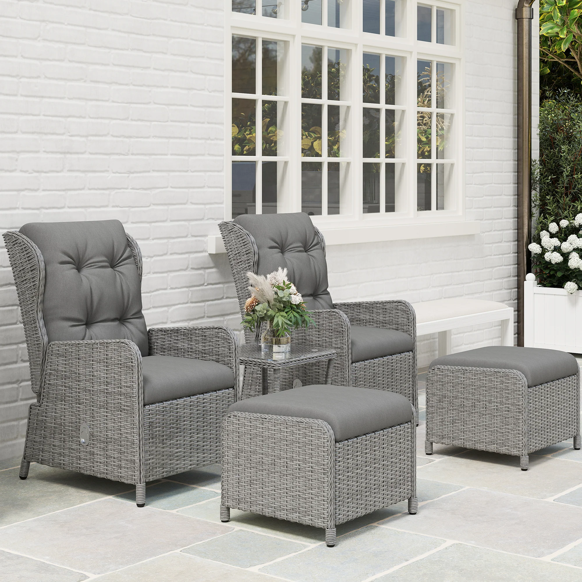 Outsunny Recliner Rattan Garden Furniture w/ Two-tier Table, Light Grey - Image 8