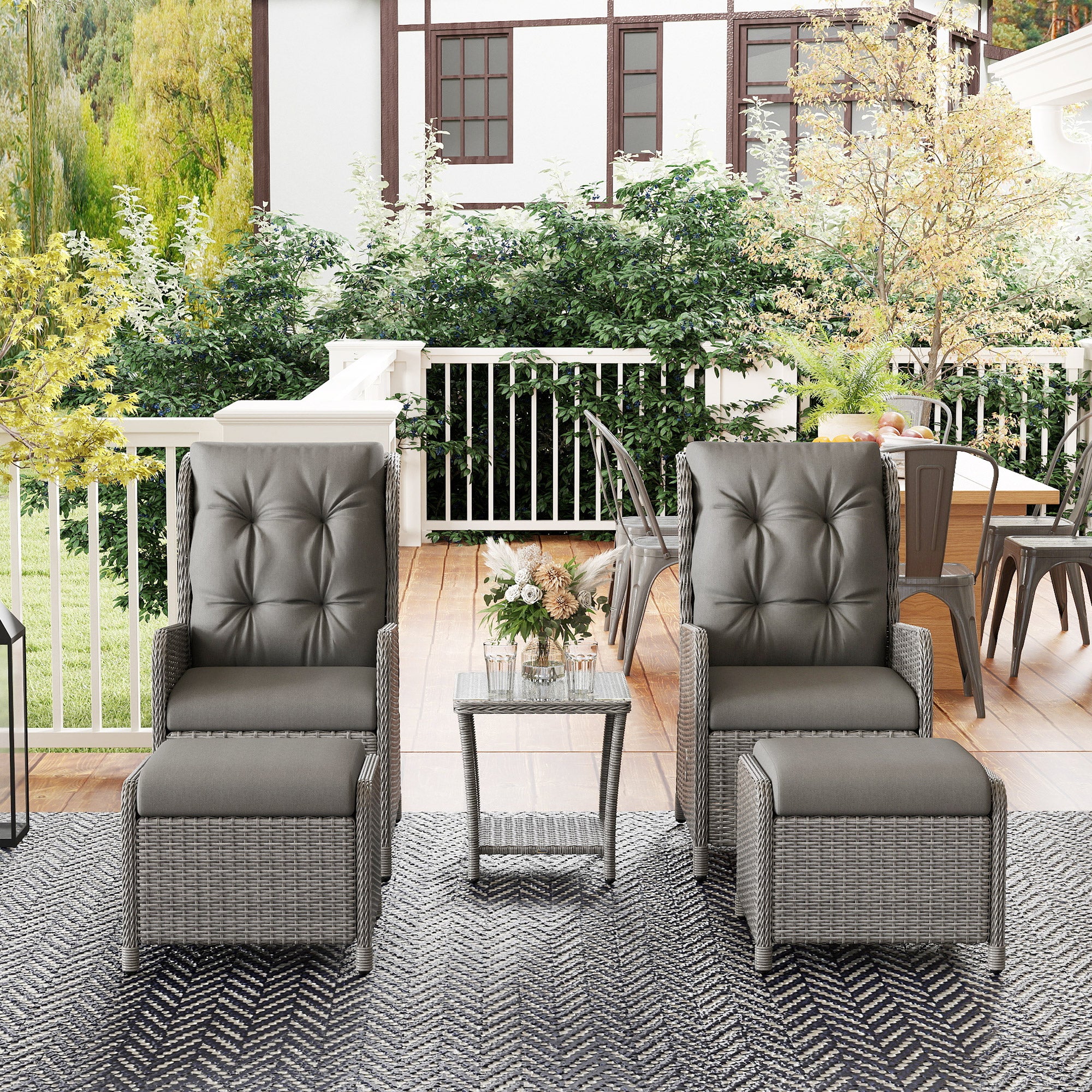 Outsunny Recliner Rattan Garden Furniture w/ Two-tier Table, Light Grey - Image 9