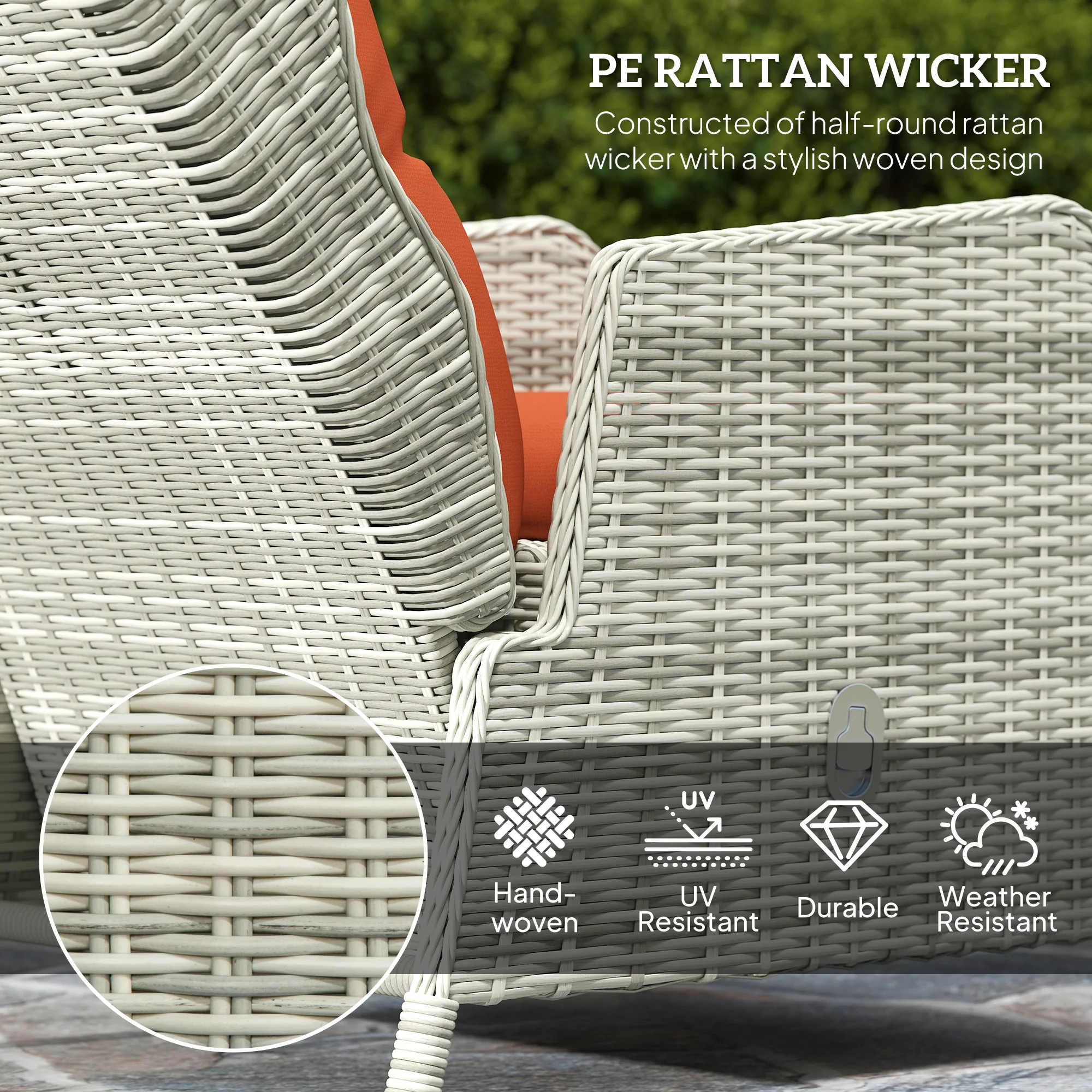 Outsunny Recliner Rattan Garden Furniture W/ Two-tier Table, Orange - Image 3