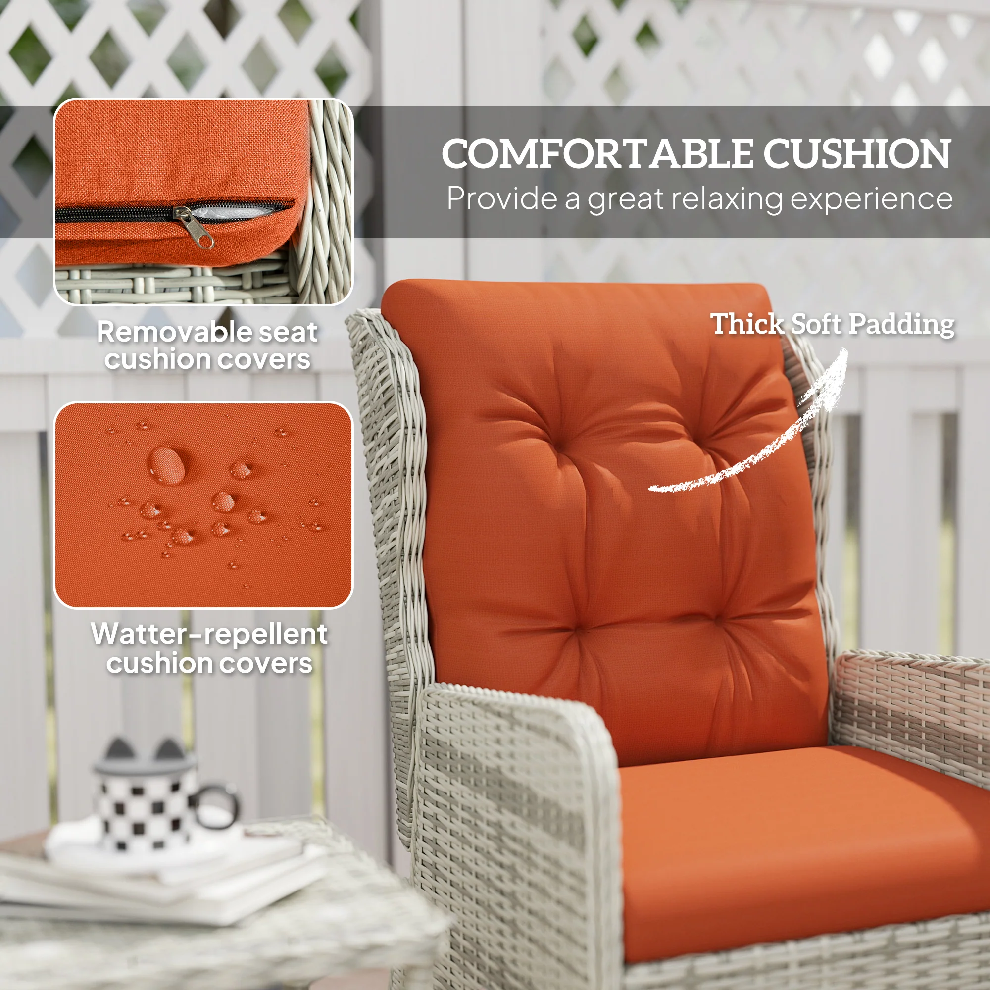 Outsunny Recliner Rattan Garden Furniture W/ Two-tier Table, Orange - Image 4