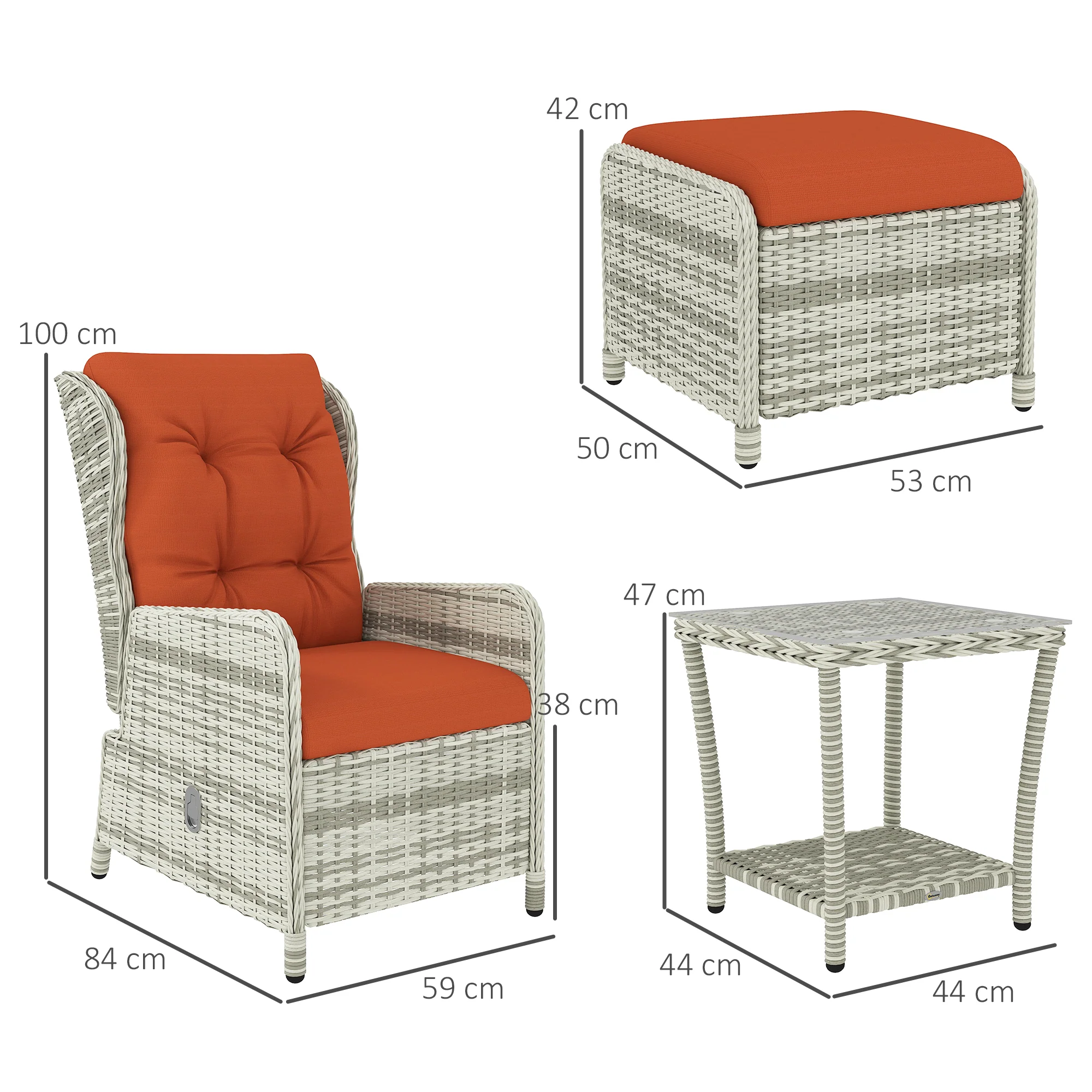 Outsunny Recliner Rattan Garden Furniture W/ Two-tier Table, Orange - Image 5