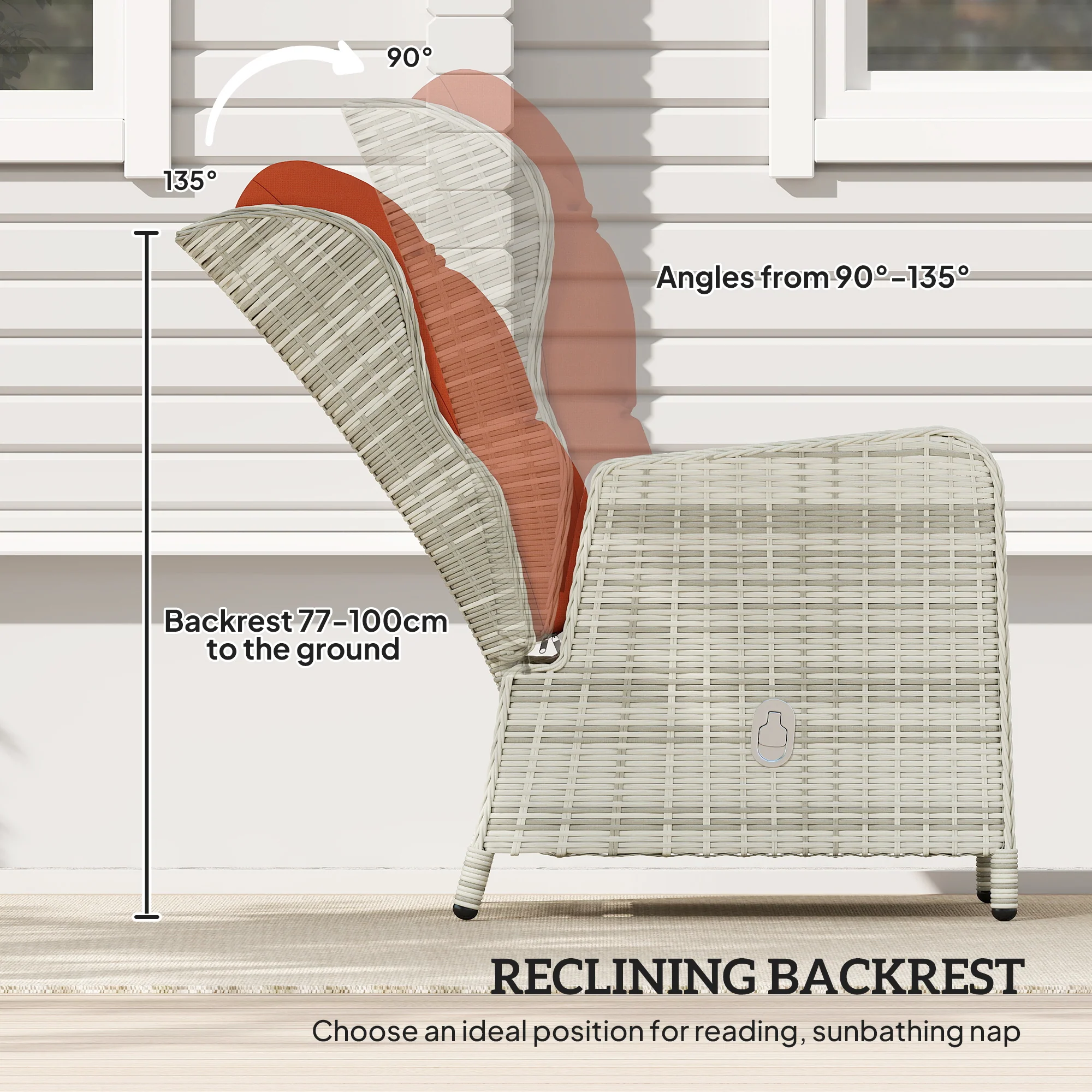 Outsunny Recliner Rattan Garden Furniture W/ Two-tier Table, Orange - Image 6