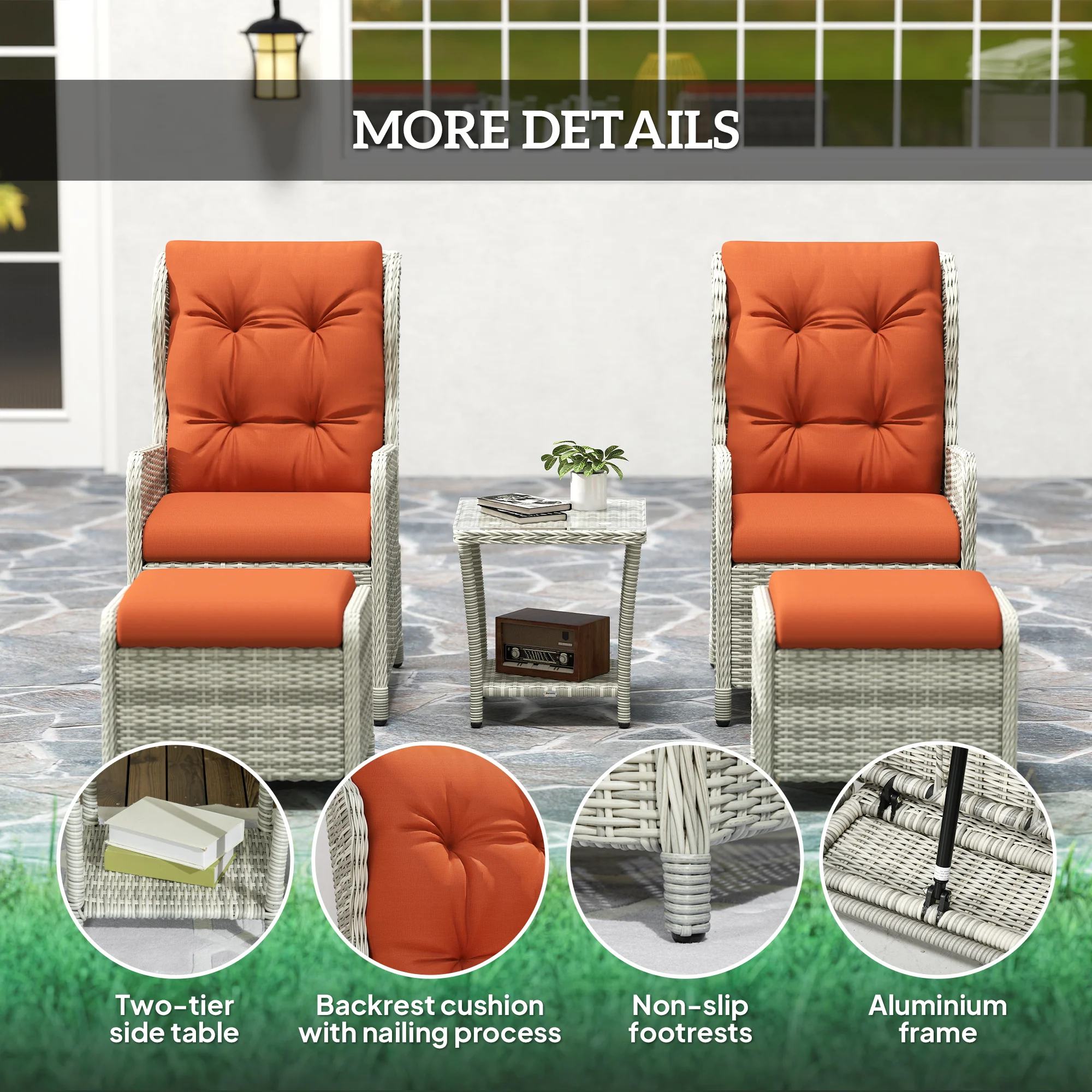 Outsunny Recliner Rattan Garden Furniture W/ Two-tier Table, Orange - Image 7