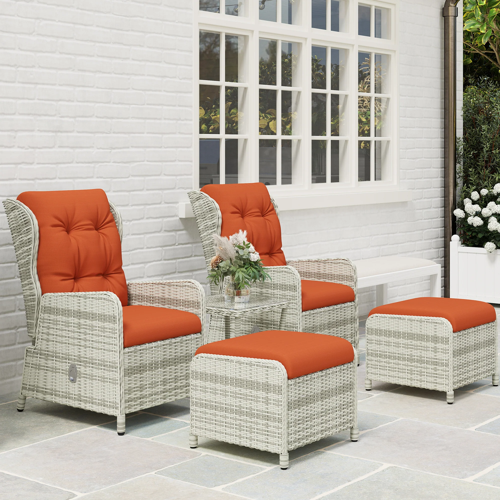 Outsunny Recliner Rattan Garden Furniture W/ Two-tier Table, Orange - Image 8