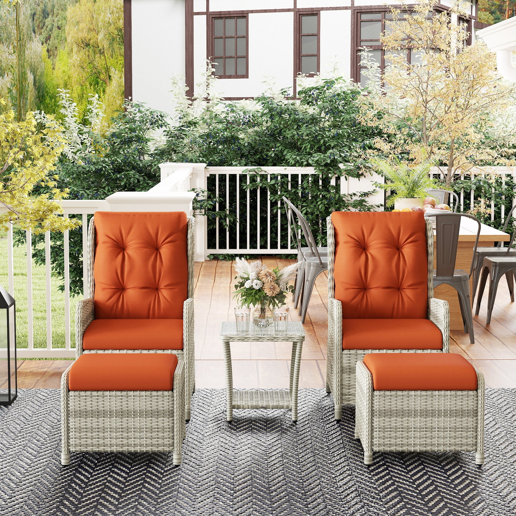 Outsunny Recliner Rattan Garden Furniture W/ Two-tier Table, Orange - Image 9