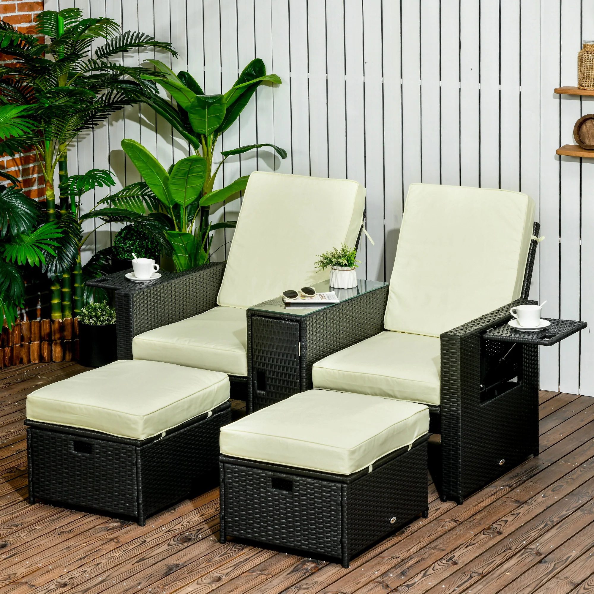 Outsunny Recliner Rattan Sun Lounger w/ Storage Tea Table & Footstools, Balck - Image 2