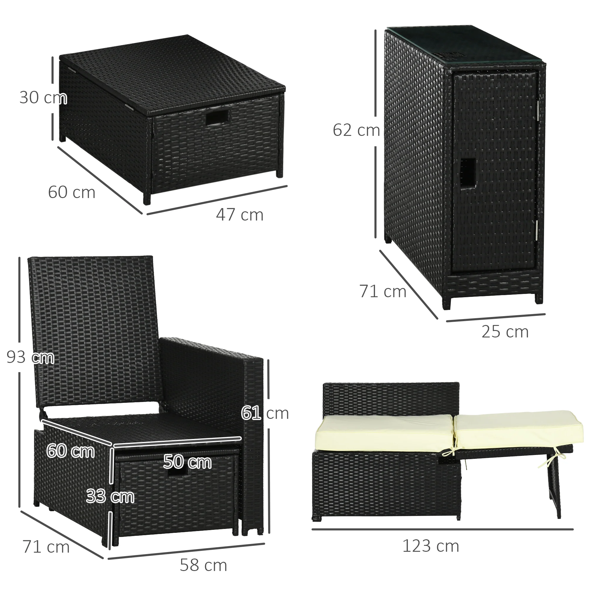 Outsunny Recliner Rattan Sun Lounger w/ Storage Tea Table & Footstools, Balck - Image 5