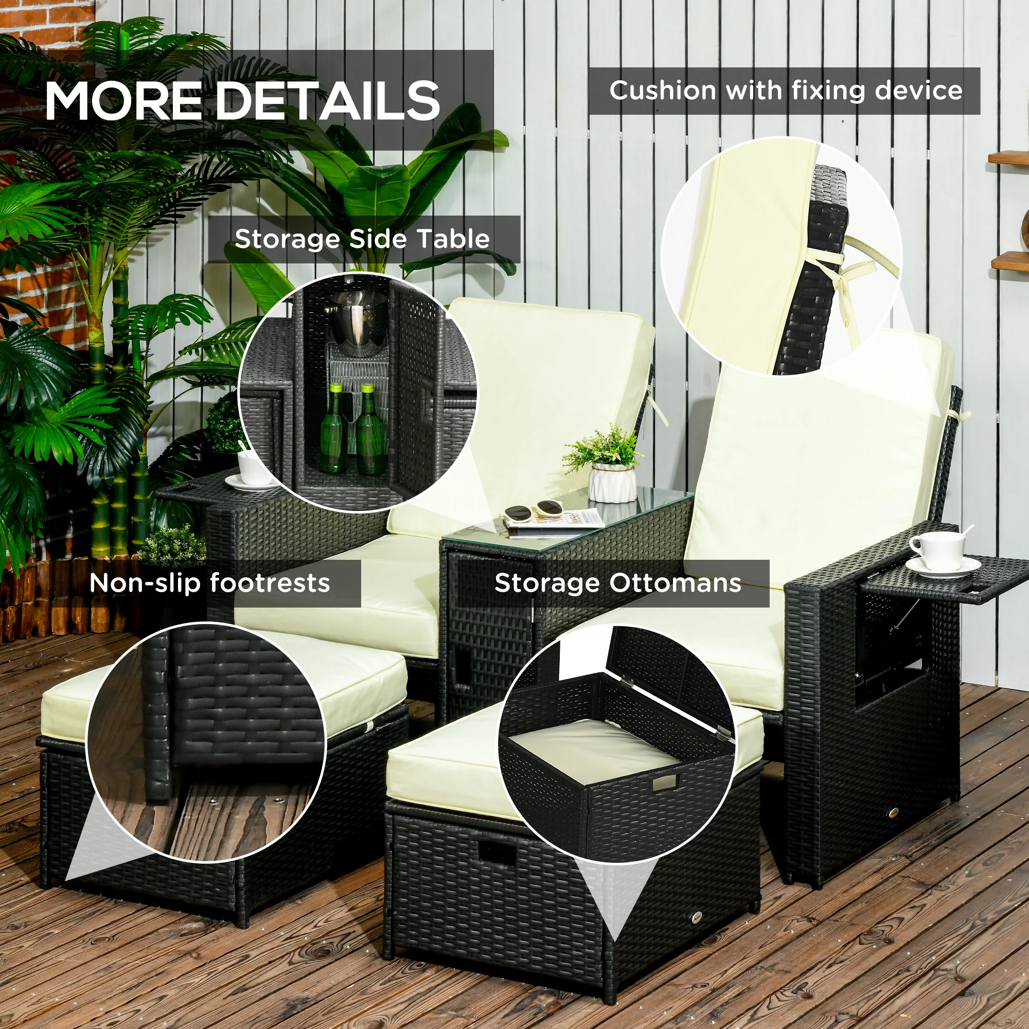 Outsunny Recliner Rattan Sun Lounger w/ Storage Tea Table & Footstools, Balck - Image 7