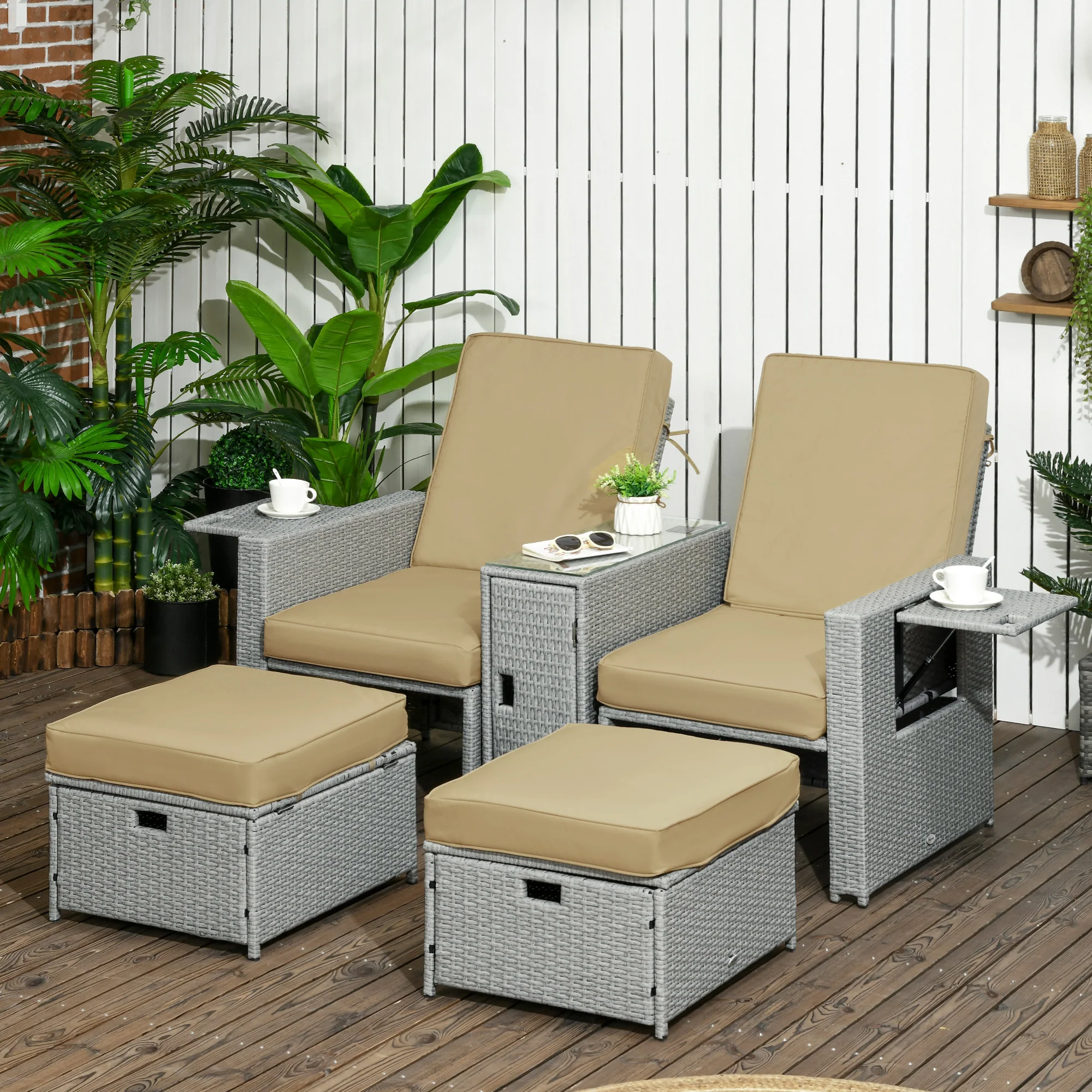 Outsunny Recliner Rattan Sun Lounger w/ Storage Tea Table & Footstools, Beige - Image 2