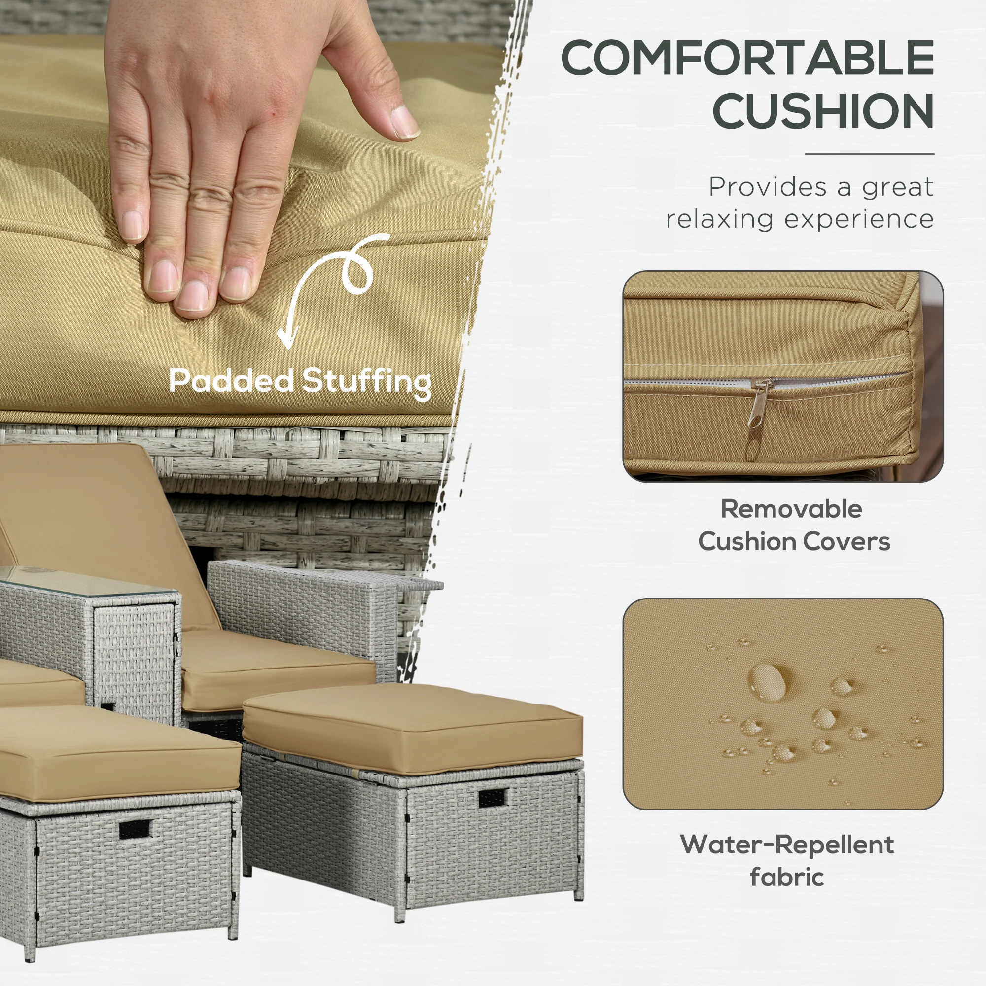 Outsunny Recliner Rattan Sun Lounger w/ Storage Tea Table & Footstools, Beige - Image 4