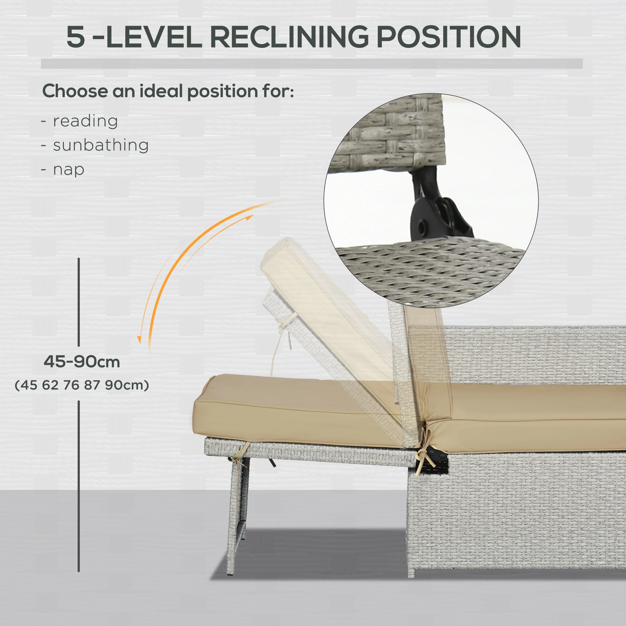 Outsunny Recliner Rattan Sun Lounger w/ Storage Tea Table & Footstools, Beige - Image 6
