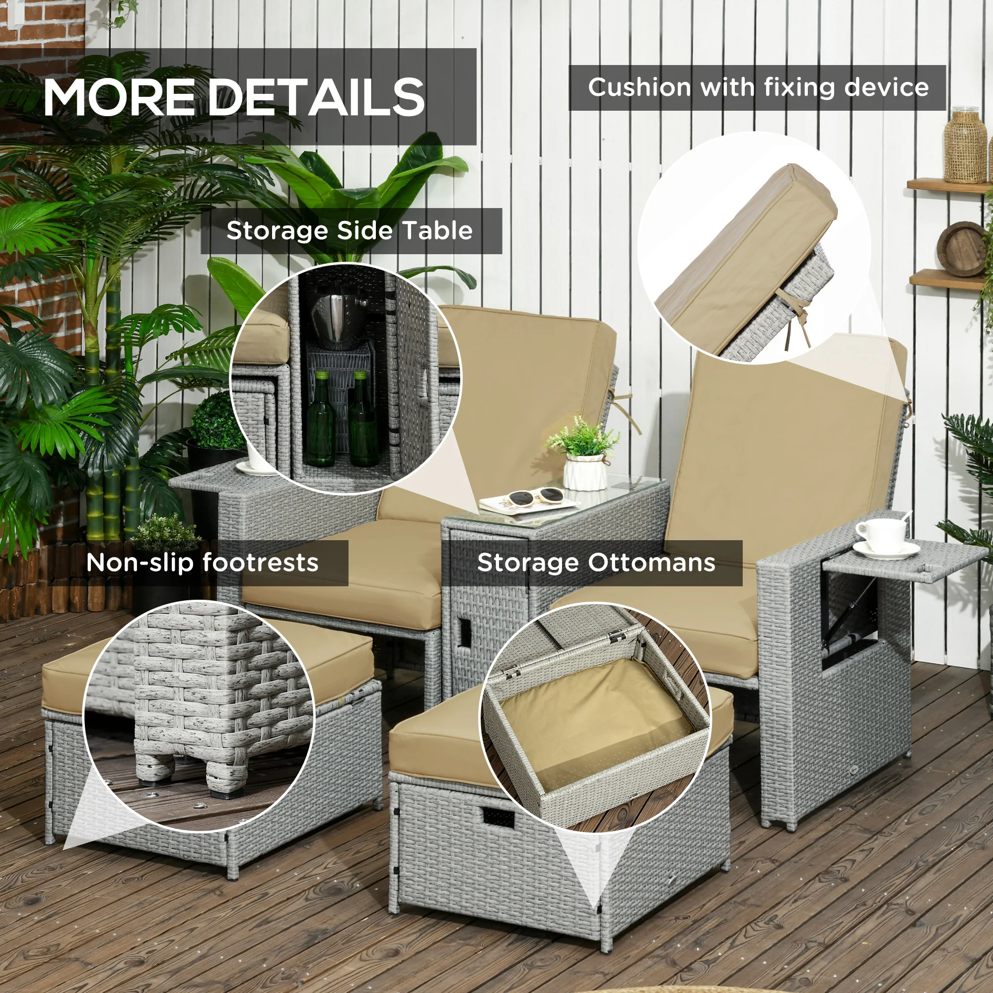 Outsunny Recliner Rattan Sun Lounger w/ Storage Tea Table & Footstools, Beige - Image 7