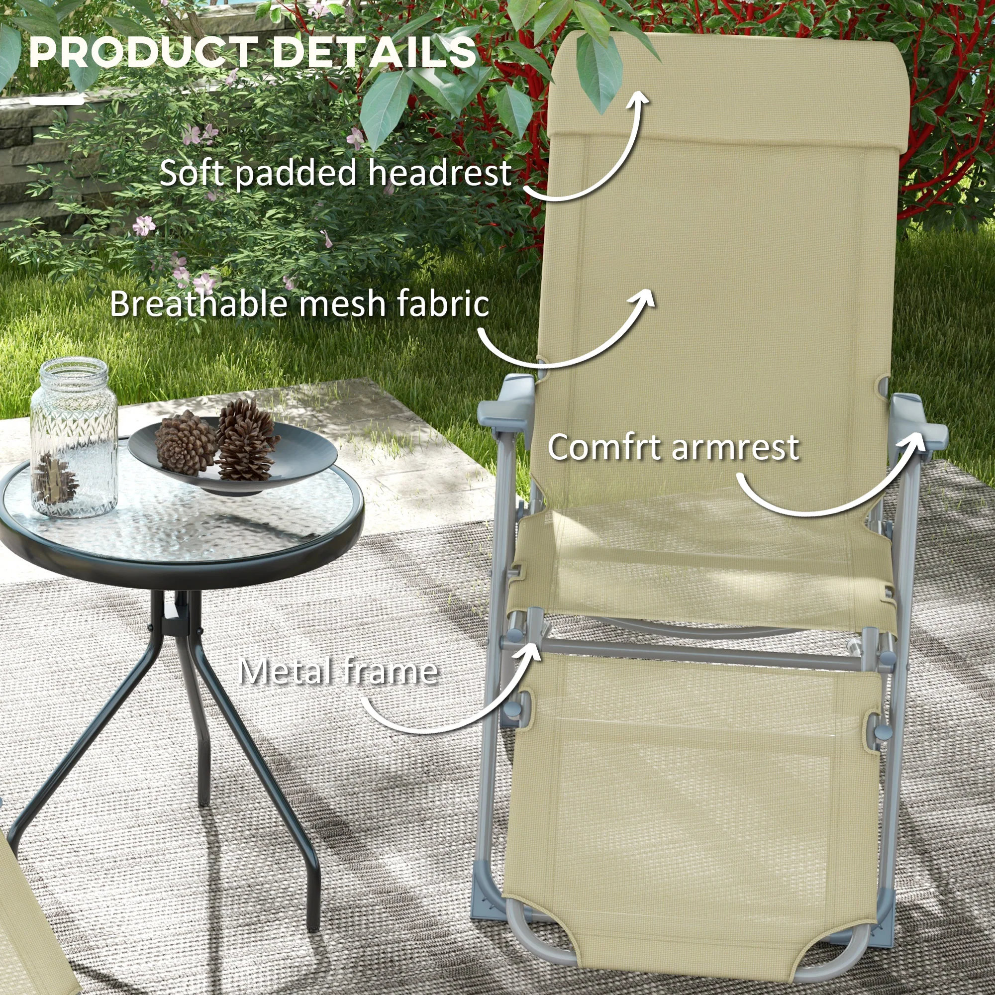 Outsunny Reclining Garden Chairs Set of 2 w/ 5-level Adjustable Backrest, Beige - Image 4
