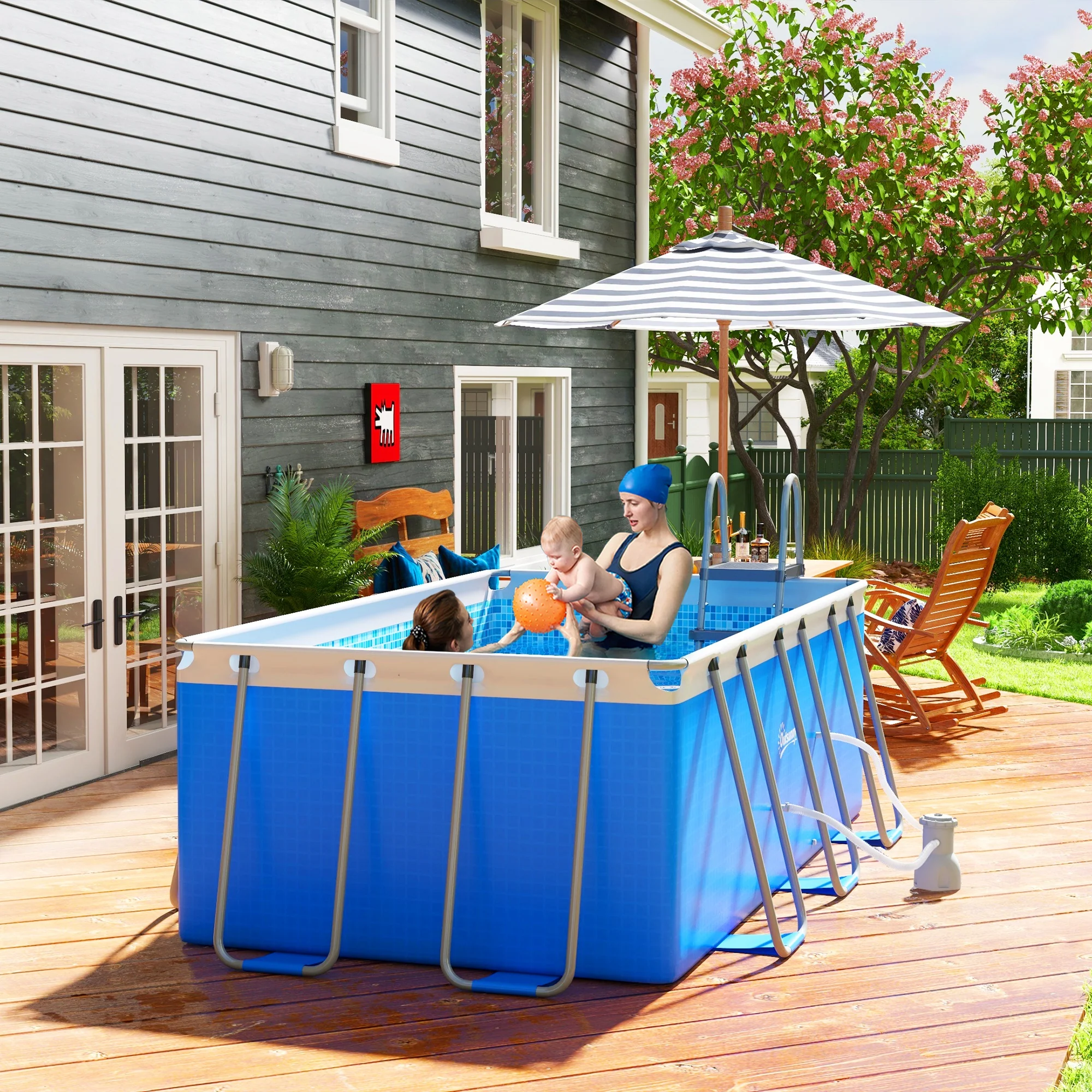 Outsunny Rectangle Above Ground Swimming Pool with Pump and Ladder, Blue - Image 2