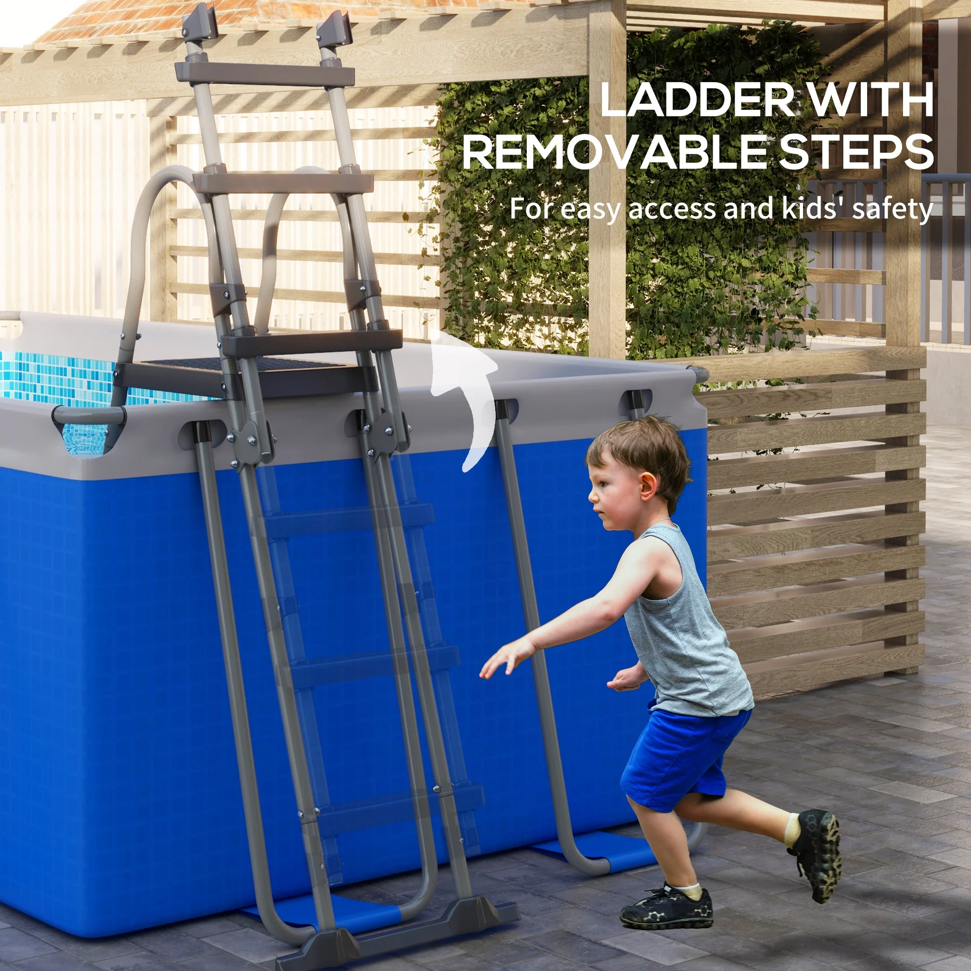 Outsunny Rectangle Above Ground Swimming Pool with Pump and Ladder, Blue - Image 3