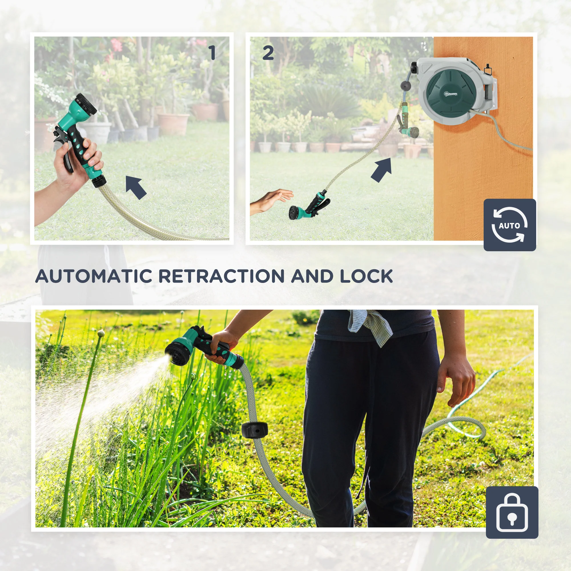 Outsunny Retractable Hose Reel Wall Mounted With Lock, Grey - Image 6
