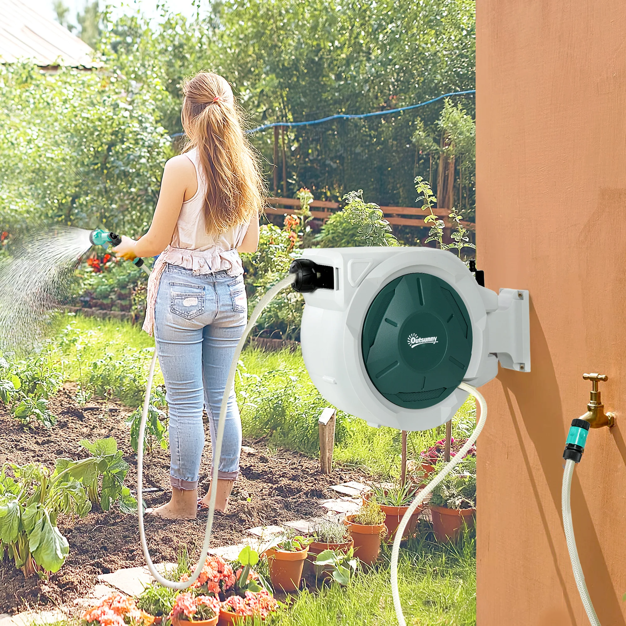 Outsunny Retractable Hose Reel Wall Mounted With Lock, Light Grey - Image 2