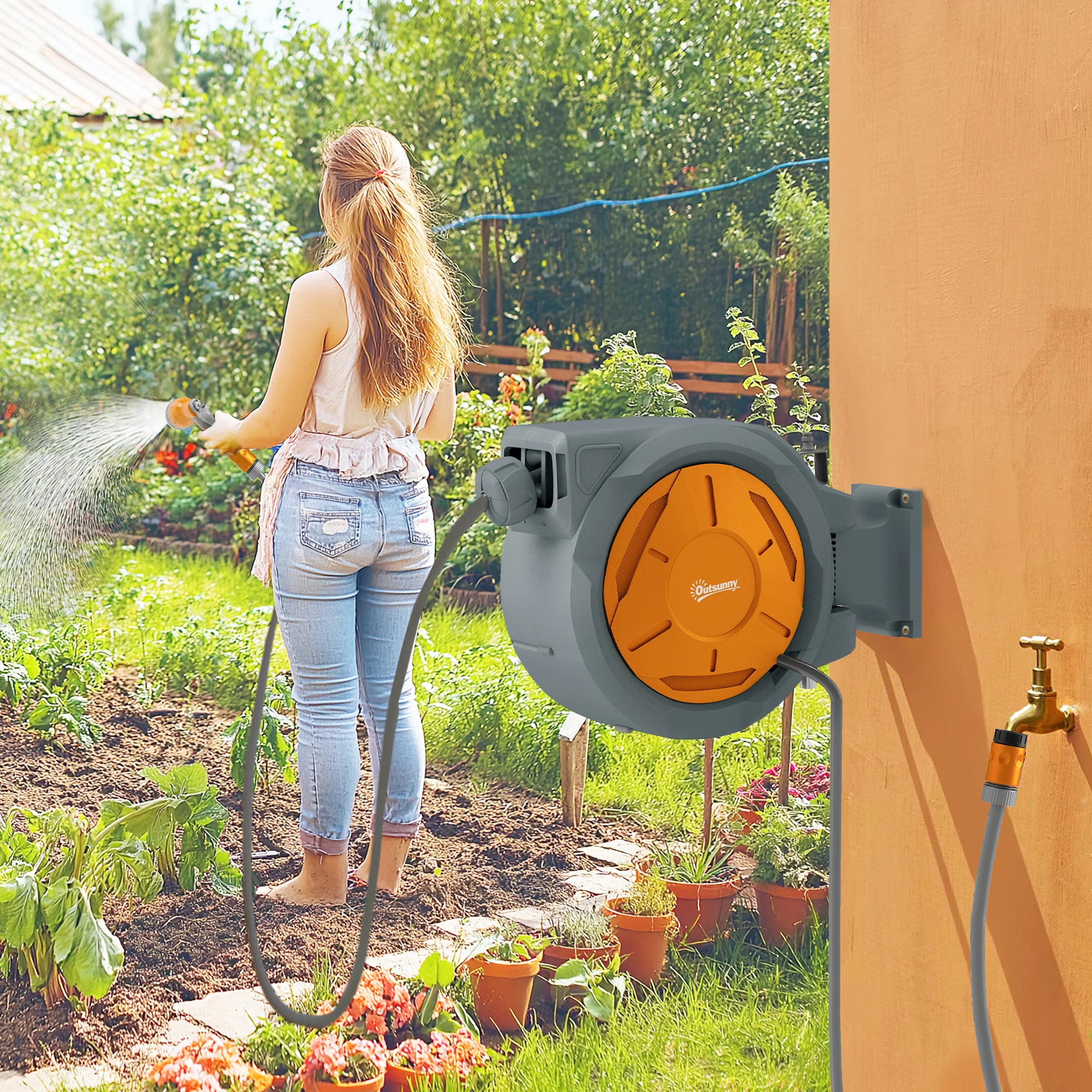 Outsunny Retractable Hose Reel Wall Mounted With Lock, Orange - Image 2