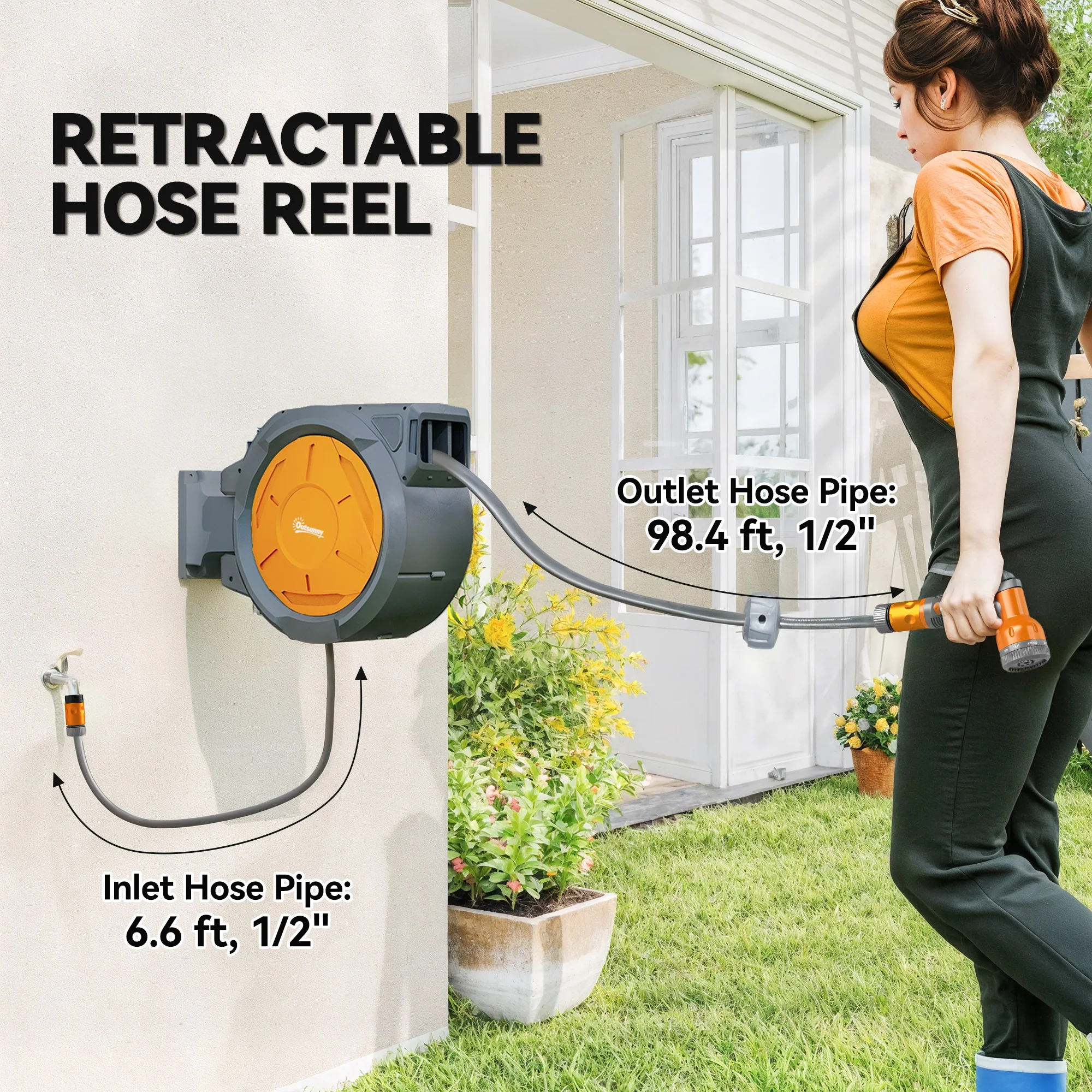 Outsunny Retractable Hose Reel Wall Mounted With Lock, Orange - Image 3