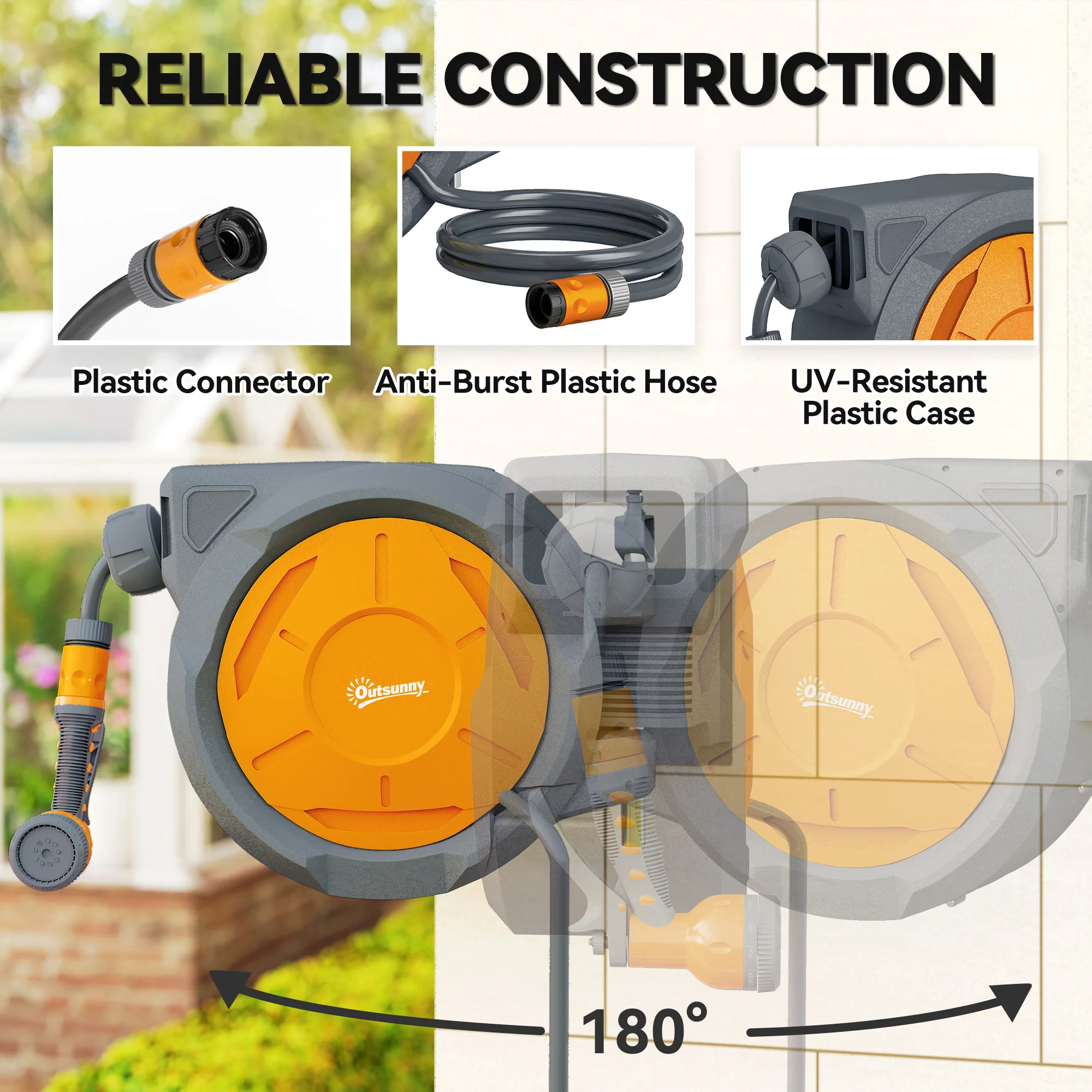 Outsunny Retractable Hose Reel Wall Mounted With Lock, Orange - Image 4