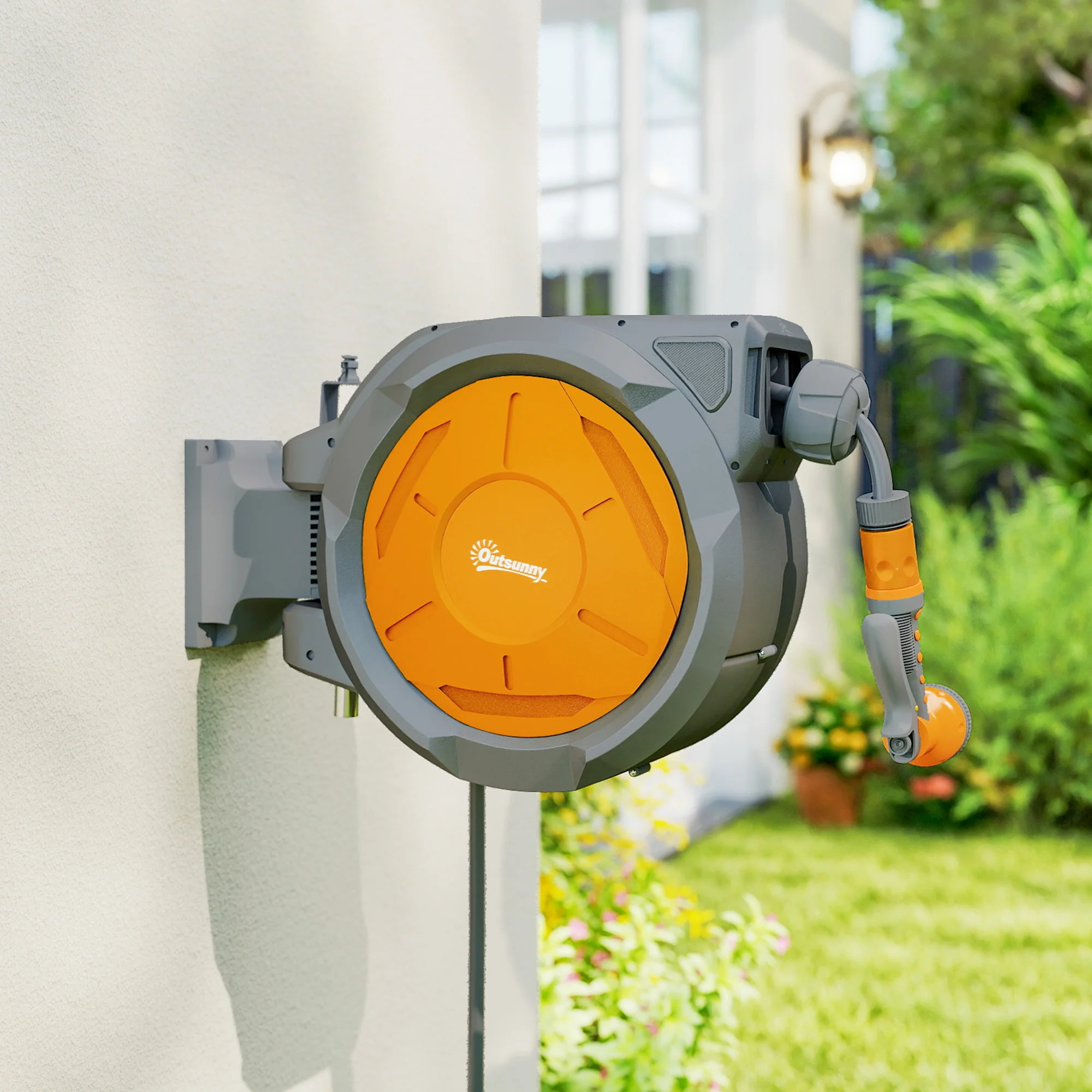 Outsunny Retractable Hose Reel Wall Mounted With Lock, Orange - Image 9