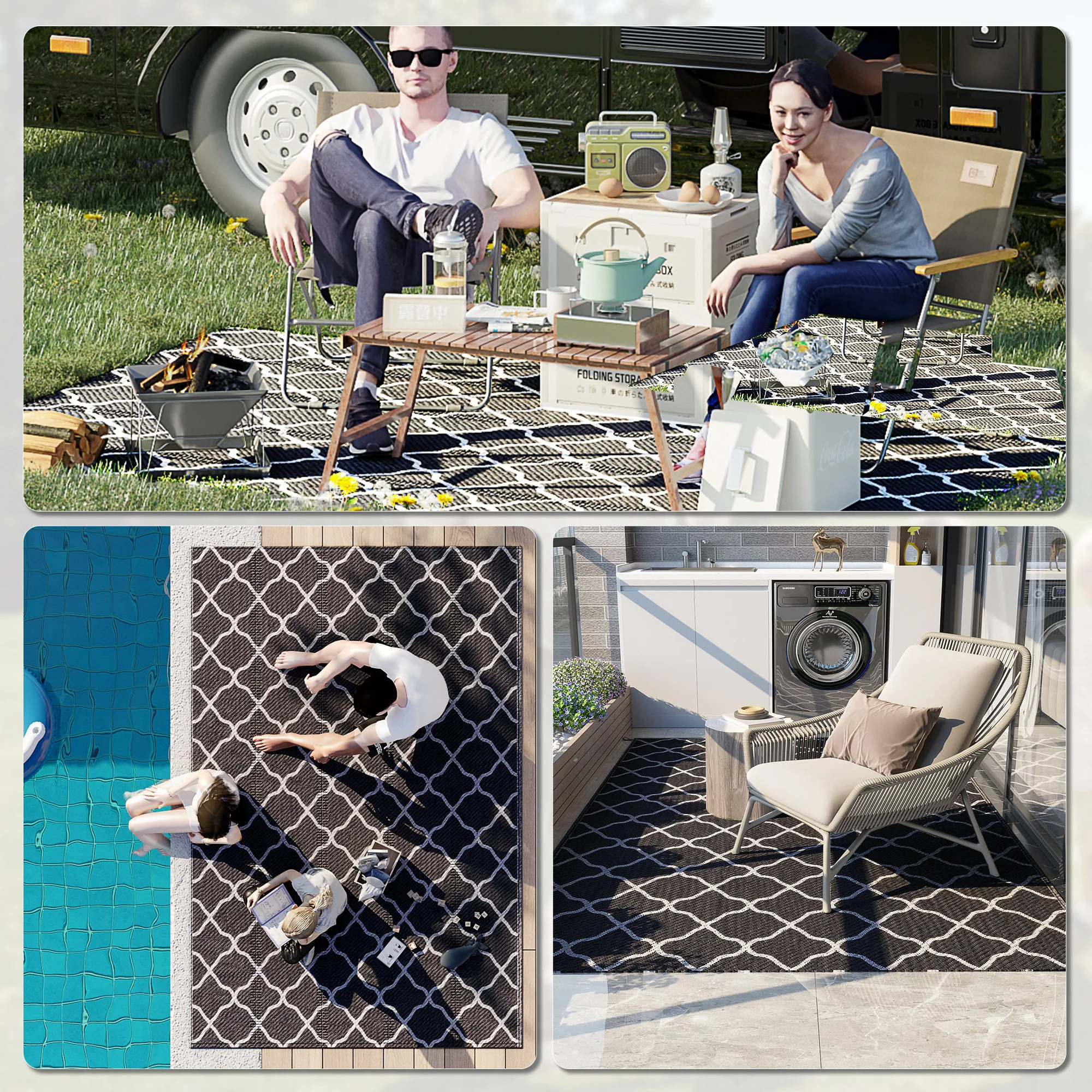 Outsunny Reversible Waterproof Outdoor Rug W/ Carry Bag, 182 x 274 cm, Black - Image 4