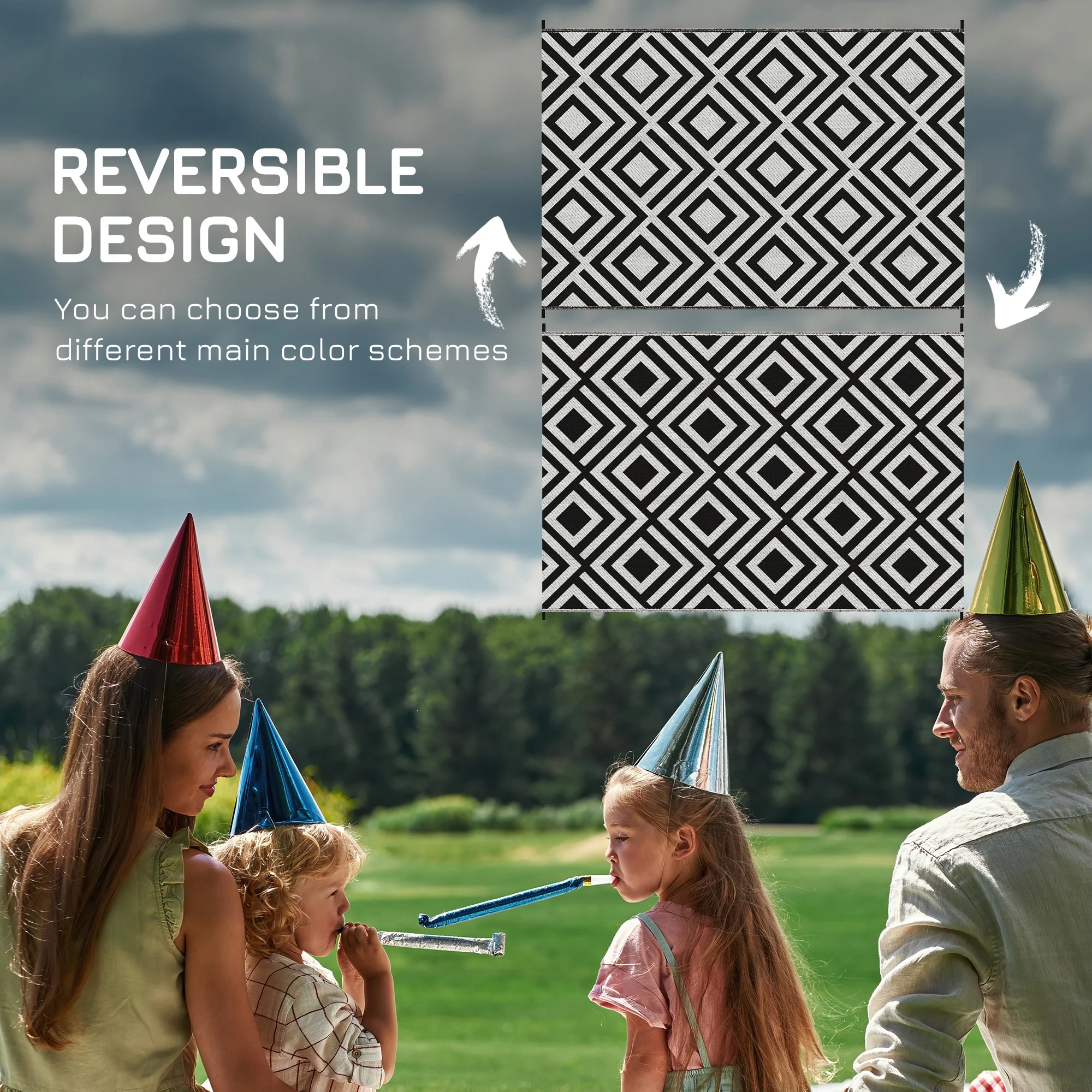 Outsunny Reversible Waterproof Outdoor Rug W/ Carry Bag, 182 x 274 cm, Black - Image 3