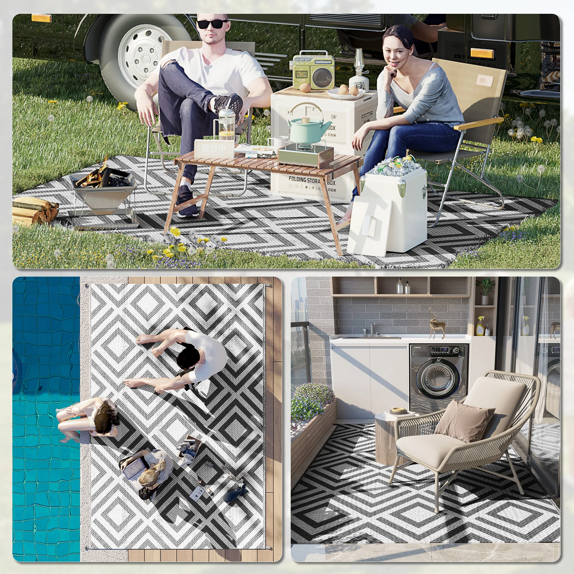 Outsunny Reversible Waterproof Outdoor Rug W/ Carry Bag, 182 x 274 cm, Black - Image 4