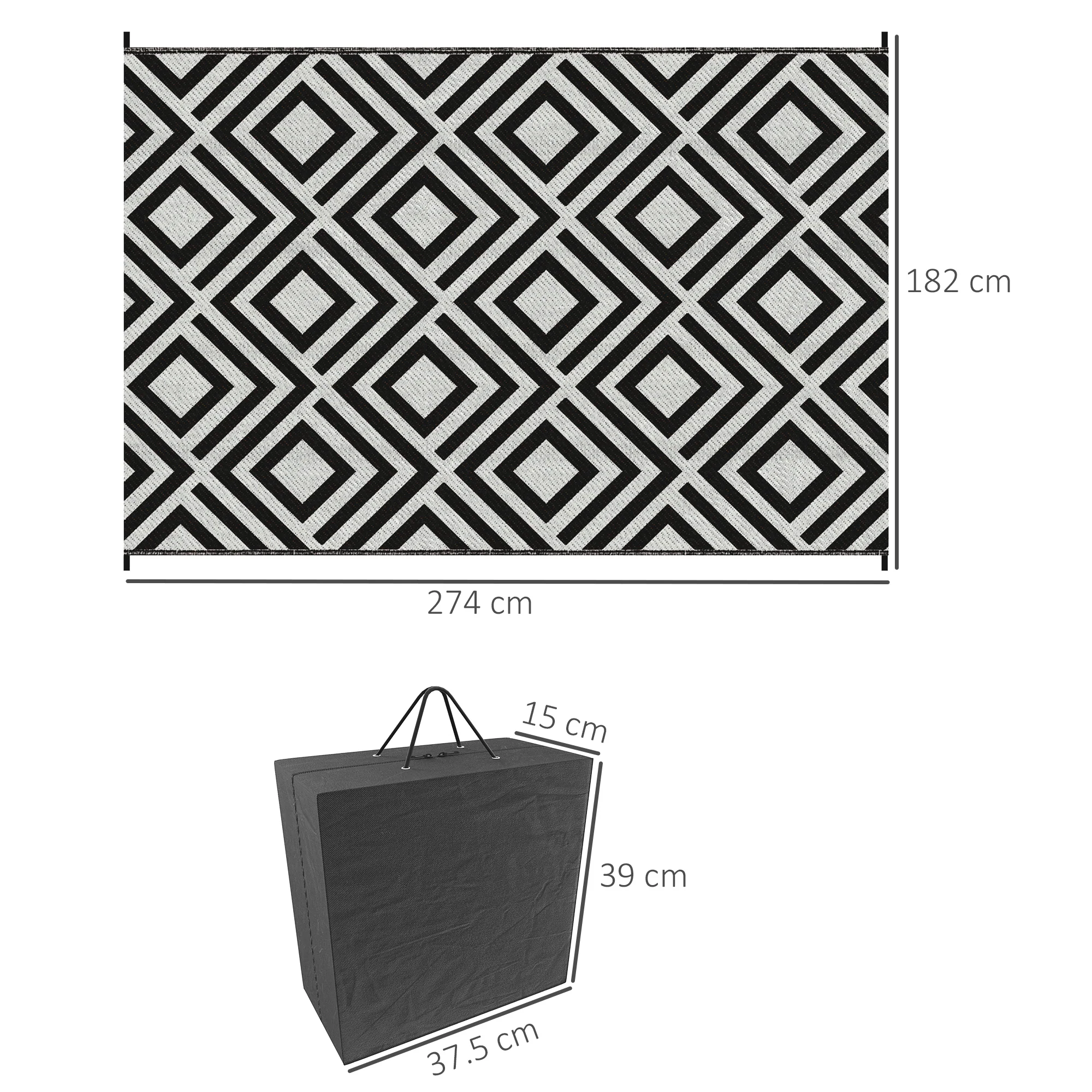 Outsunny Reversible Waterproof Outdoor Rug W/ Carry Bag, 182 x 274 cm, Black - Image 5