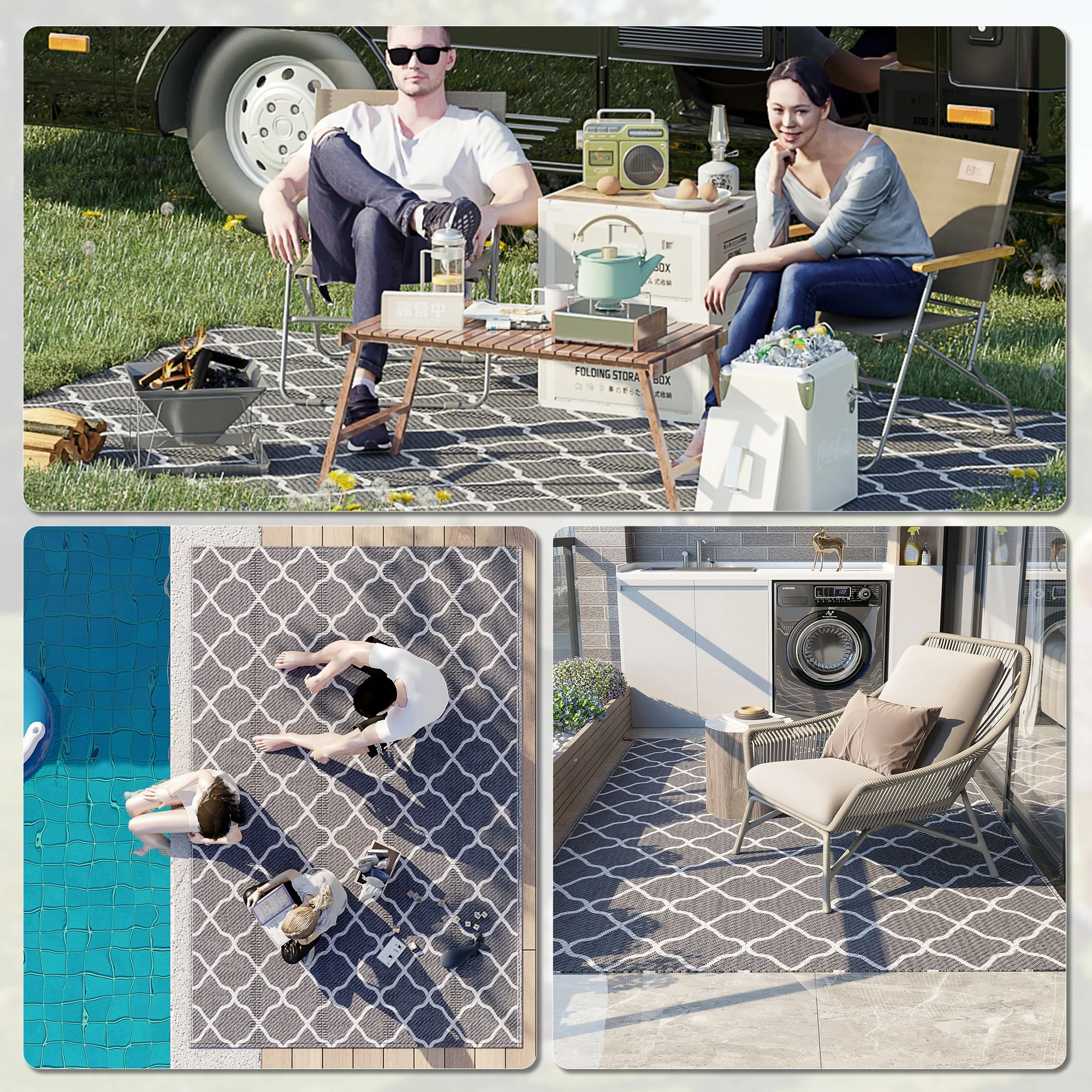 Outsunny Reversible Waterproof Outdoor Rug W/ Carry Bag, 182 x 274 cm, Grey - Image 4