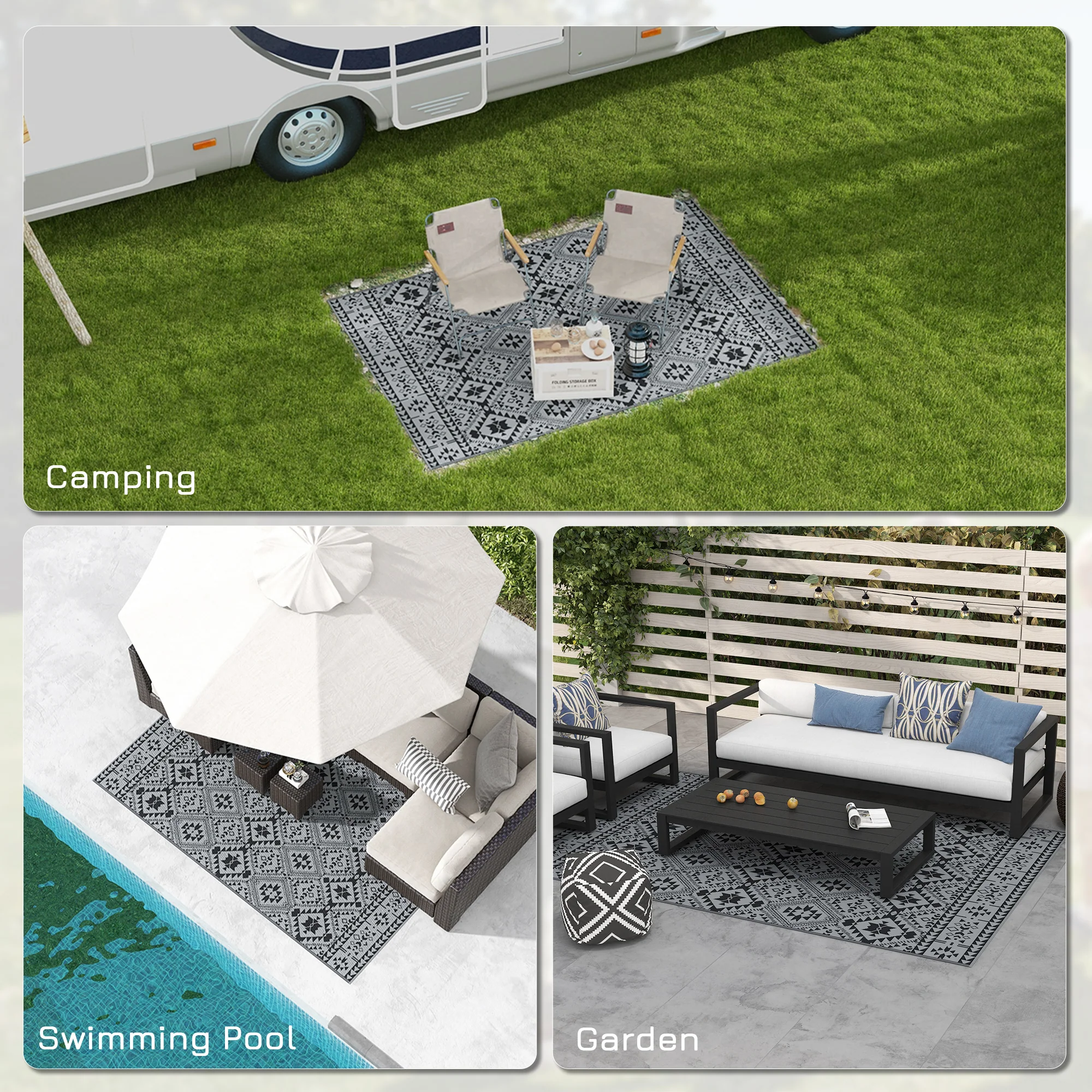 Outsunny Reversible Waterproof Outdoor Rug W/ Carry Bag, 182 X 274cm, Black - Image 4