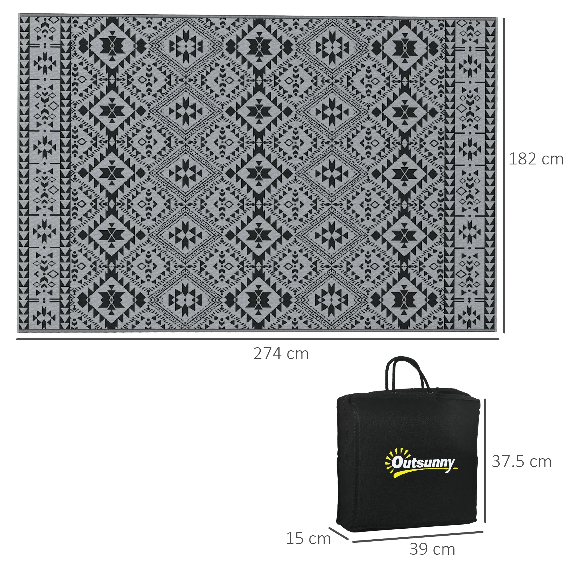 Outsunny Reversible Waterproof Outdoor Rug W/ Carry Bag, 182 X 274cm, Black - Image 5