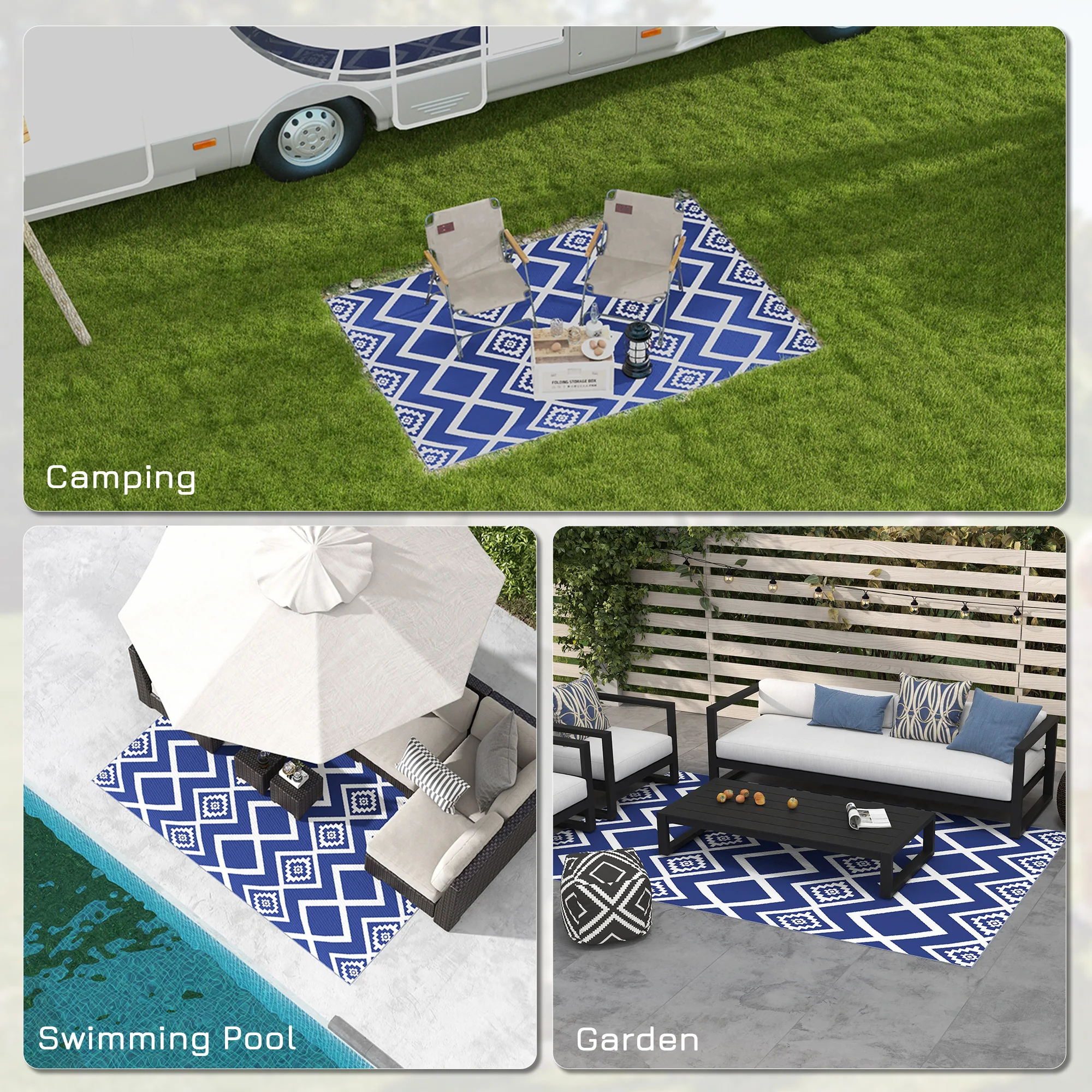 Outsunny Reversible Waterproof Outdoor Rug W/ Carry Bag, 182 x 274cm, Blue - Image 4