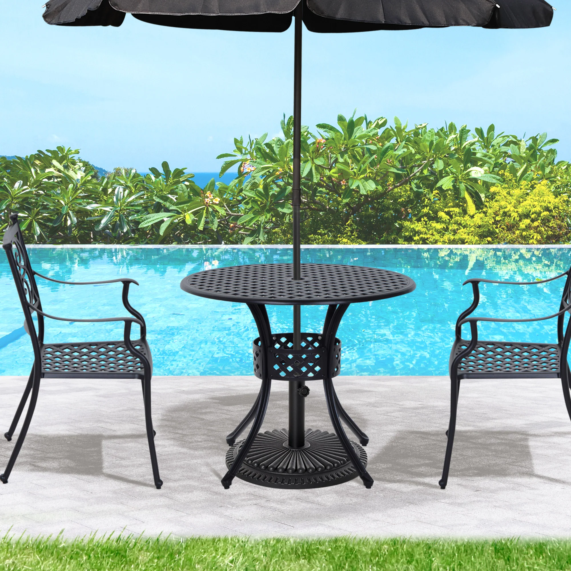 Outsunny Round Aluminium Outdoor Garden Dining Table with Umbrella Hole, Black - Image 2