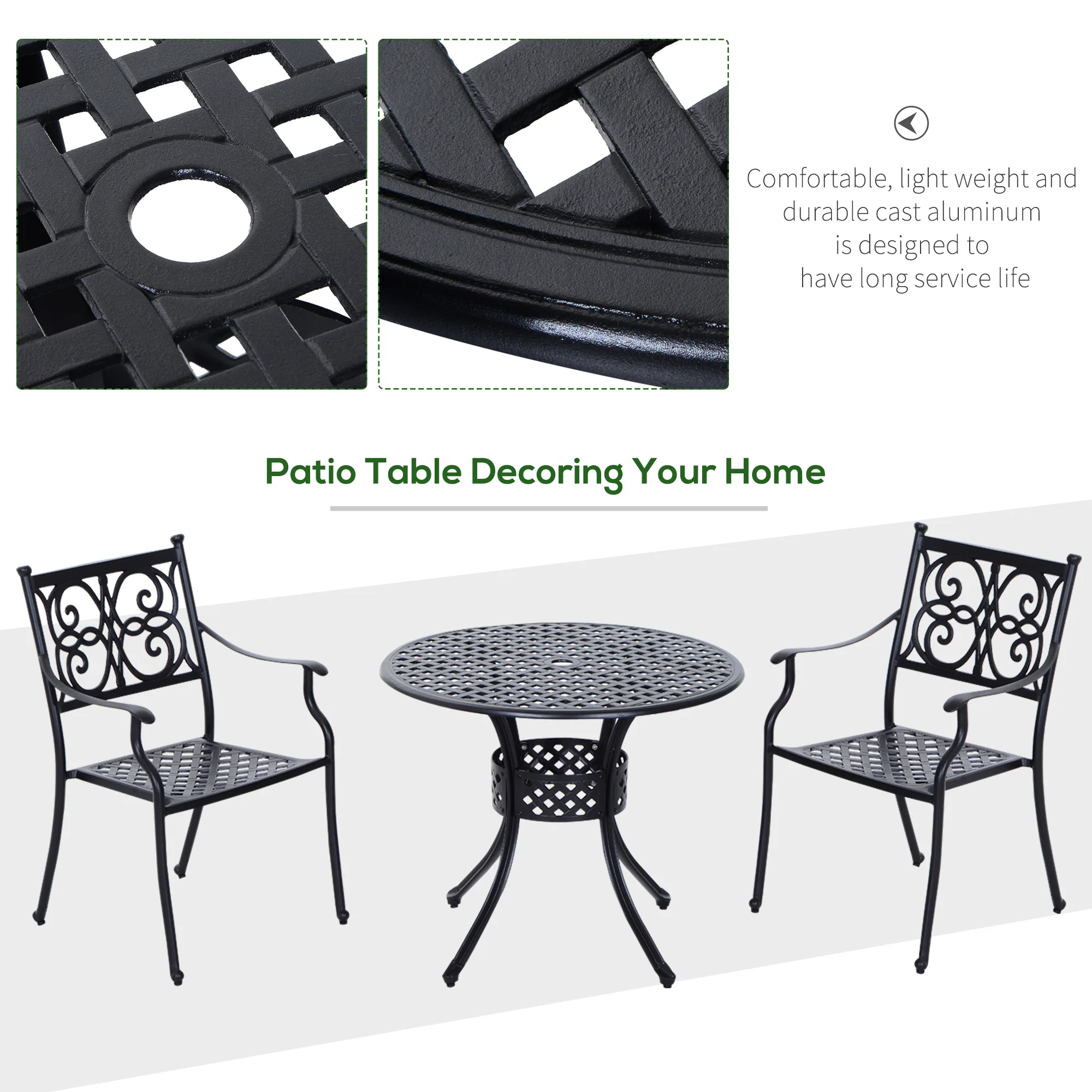 Outsunny Round Aluminium Outdoor Garden Dining Table with Umbrella Hole, Black - Image 3