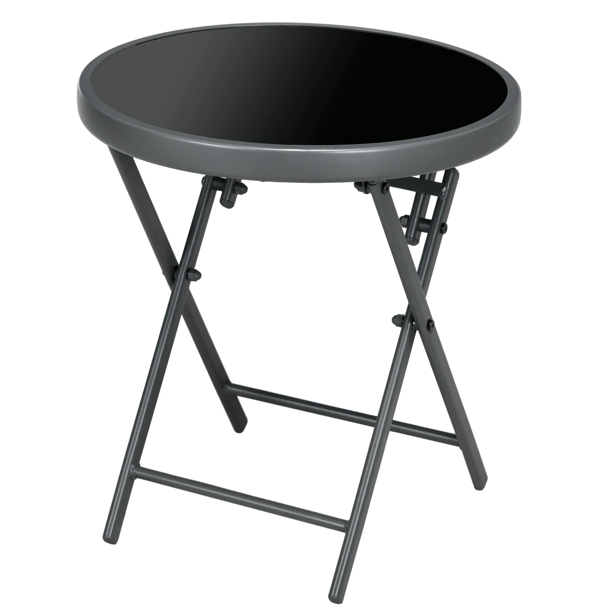 Outsunny Round Folding Side Table W/ Imitation Marble Glass Top, Black