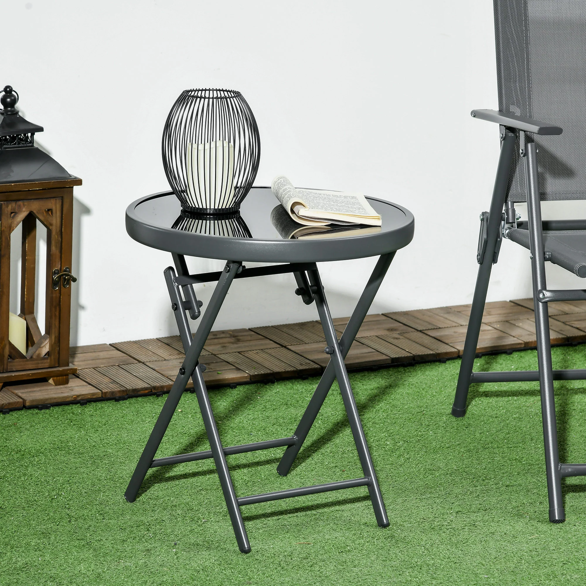 Outsunny Round Folding Side Table W/ Imitation Marble Glass Top, Black - Image 2