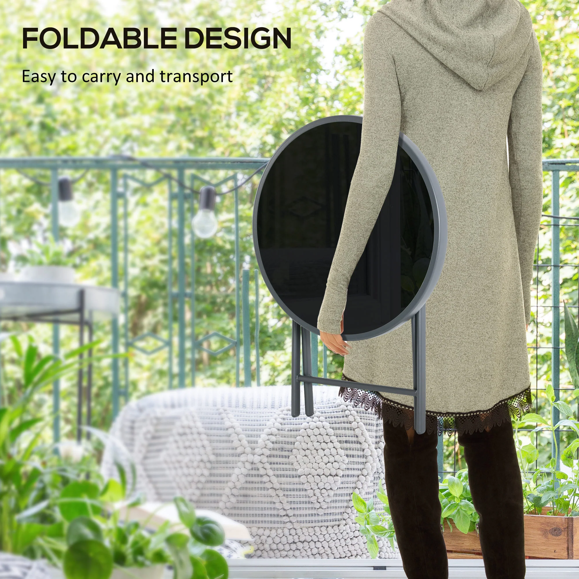 Outsunny Round Folding Side Table W/ Imitation Marble Glass Top, Black - Image 3